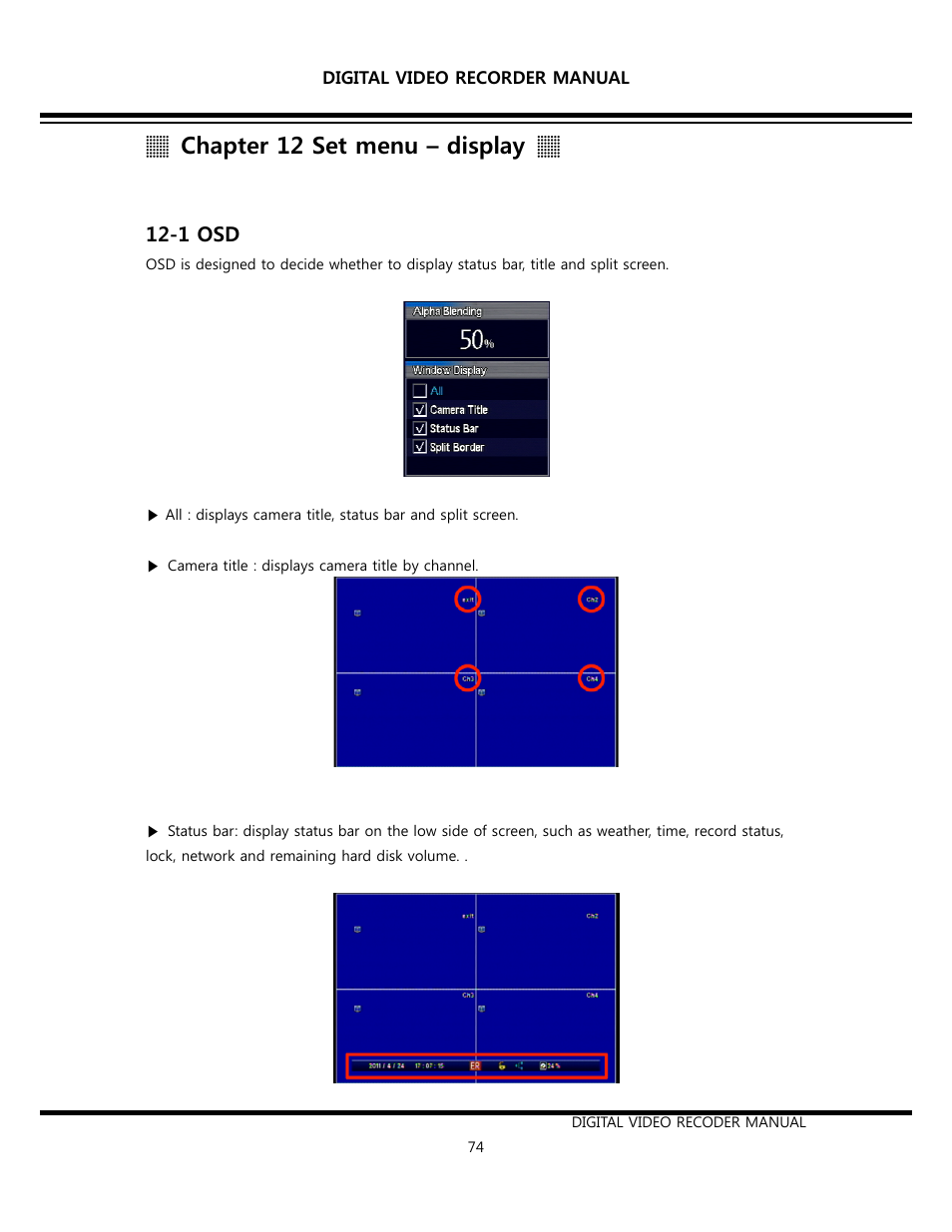 Chapter 12 set menu – display, 1 osd | Opticom Elite H Series DVR User Manual | Page 74 / 110