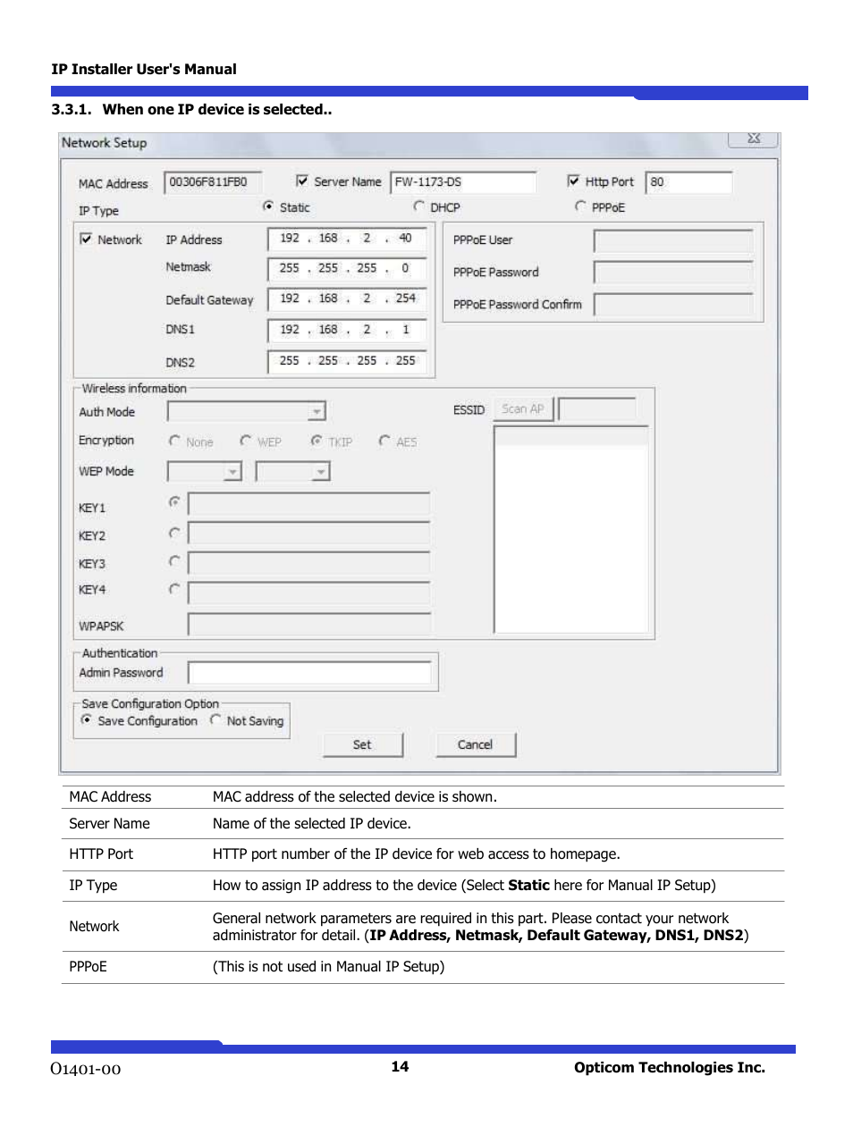 When one ip device is selected | Opticom IP Installer User Manual | Page 14 / 26