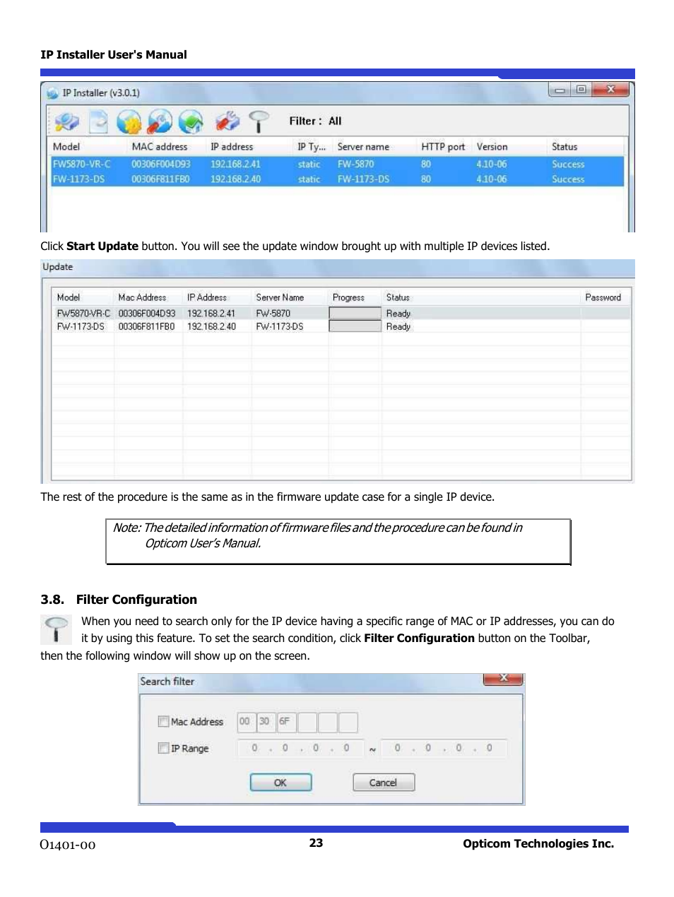 Filter configuration | Opticom IP Installer User Manual | Page 23 / 26