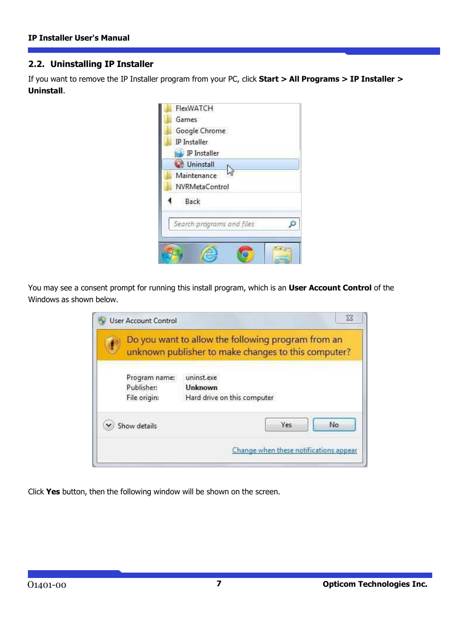 Uninstalling ip installer | Opticom IP Installer User Manual | Page 7 / 26