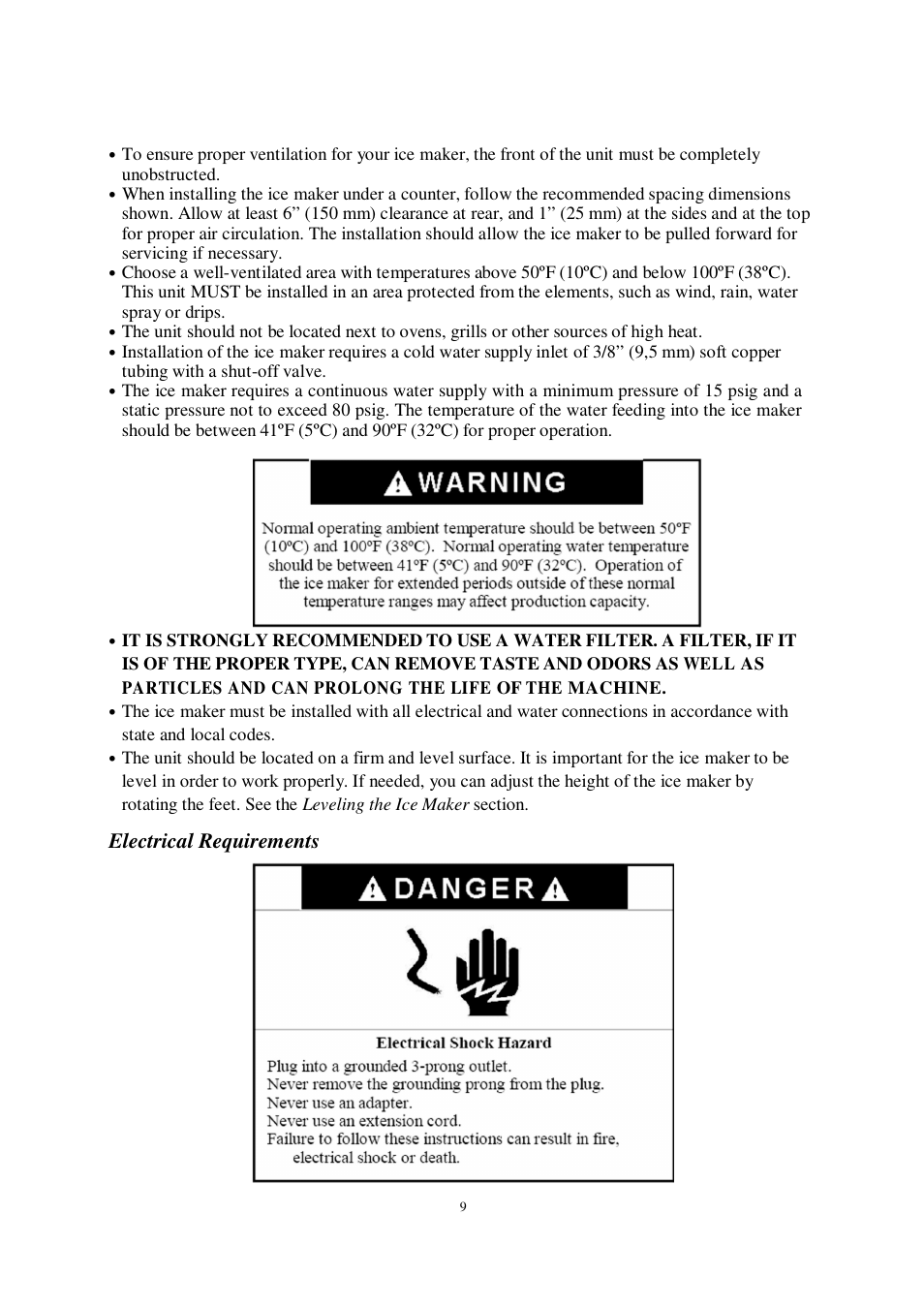 Electrical requirements | Orien FS-260IM User Manual | Page 10 / 72