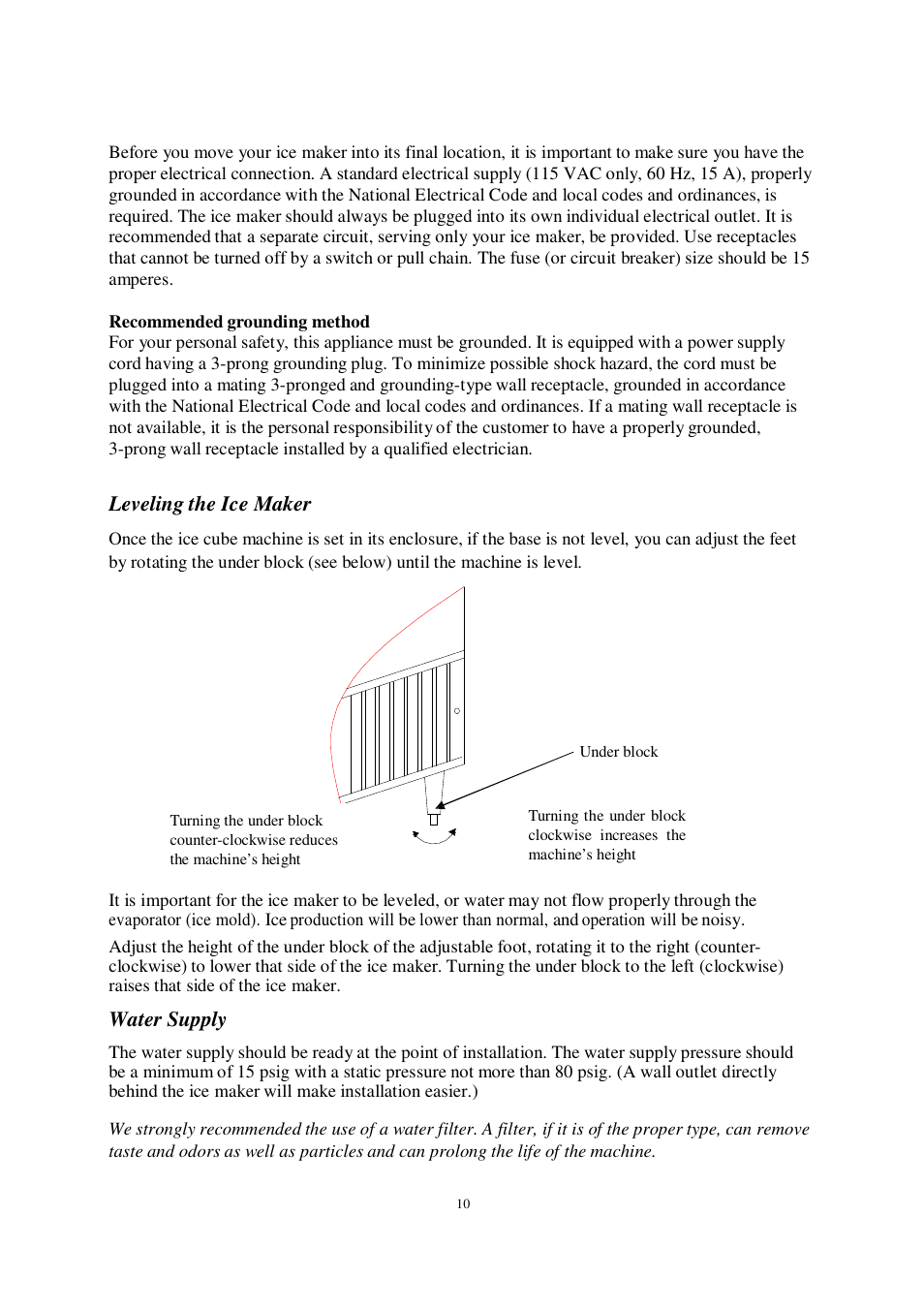 Leveling the ice maker, Water supply | Orien FS-260IM User Manual | Page 11 / 72