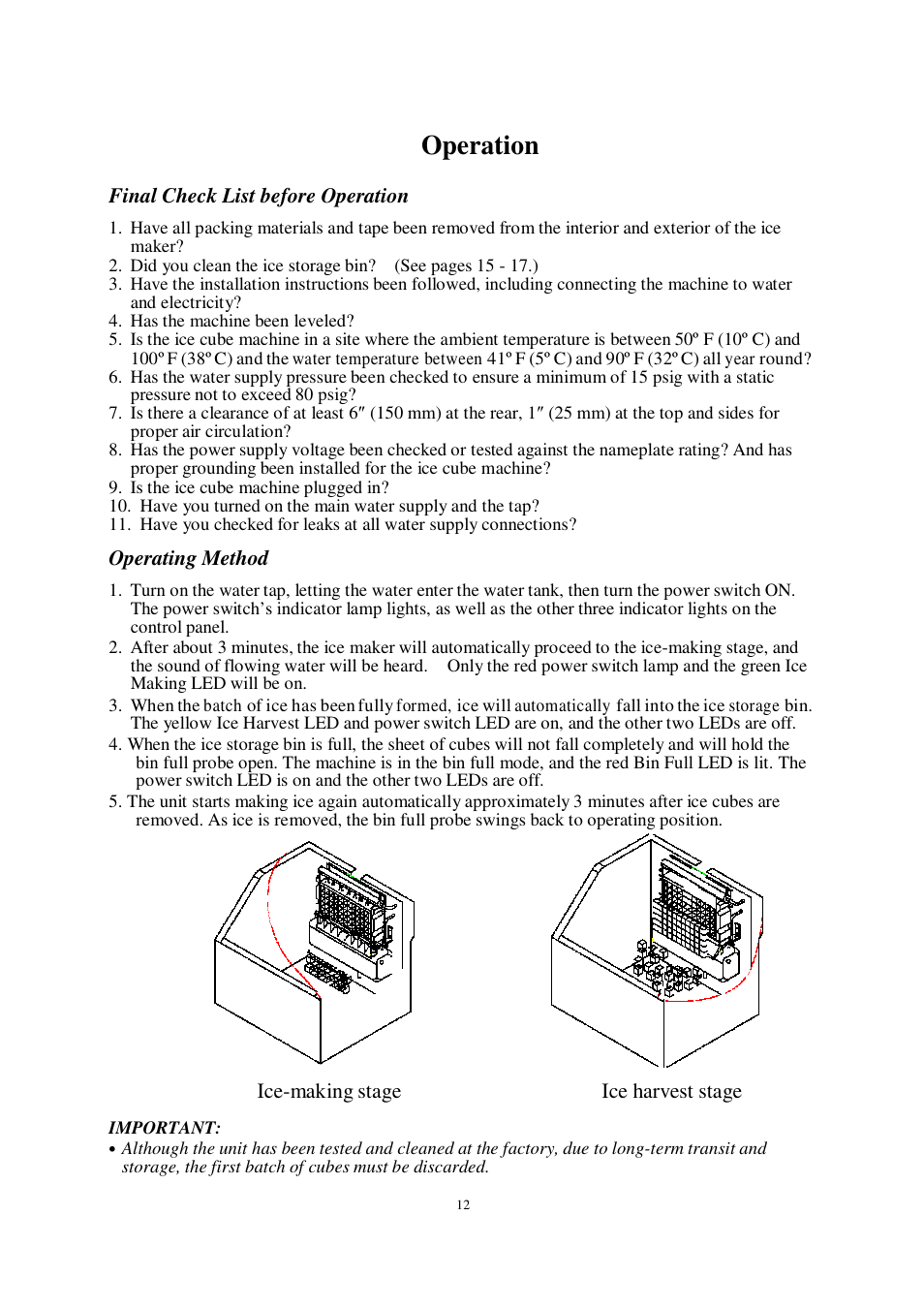 Operation, Final check list before operation, Operating method | Ice-making stage ice harvest stage | Orien FS-260IM User Manual | Page 13 / 72