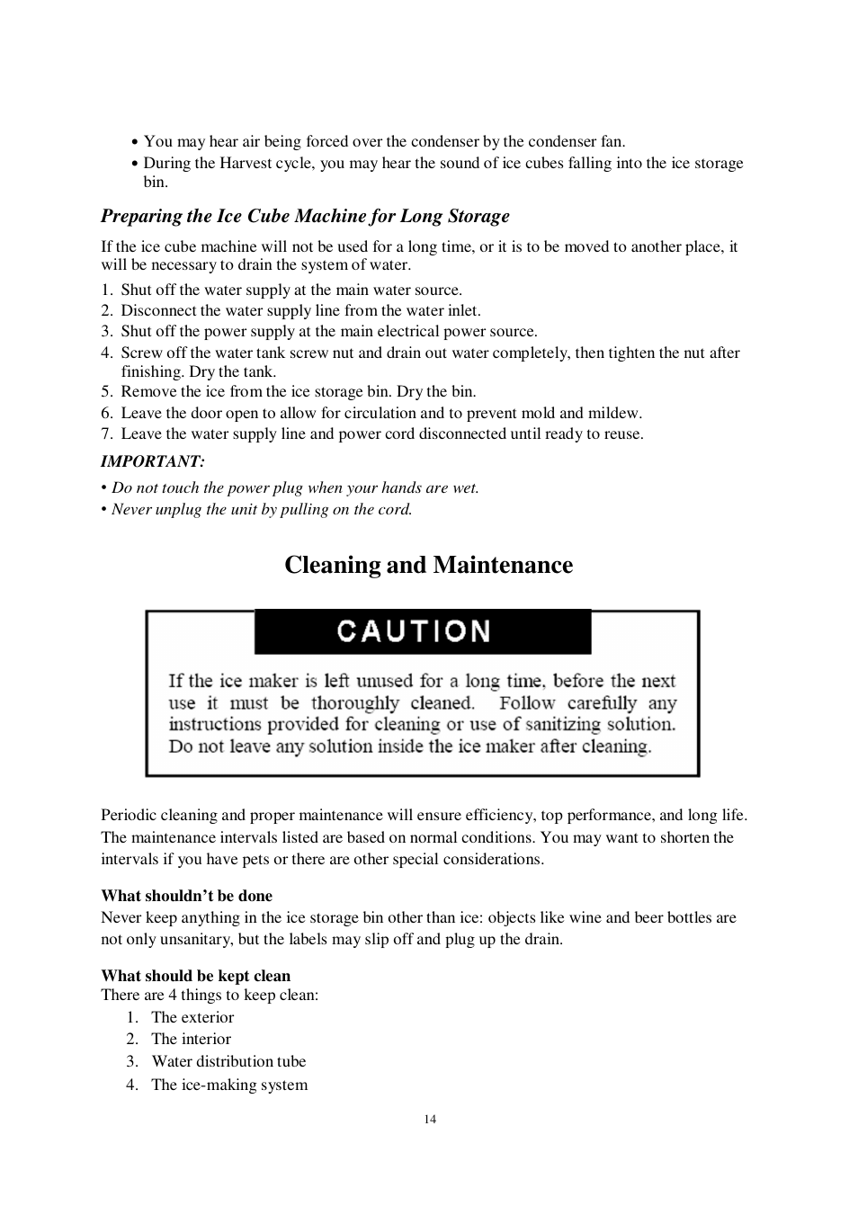 Cleaning and maintenance, Preparing the ice cube machine for long storage | Orien FS-260IM User Manual | Page 15 / 72