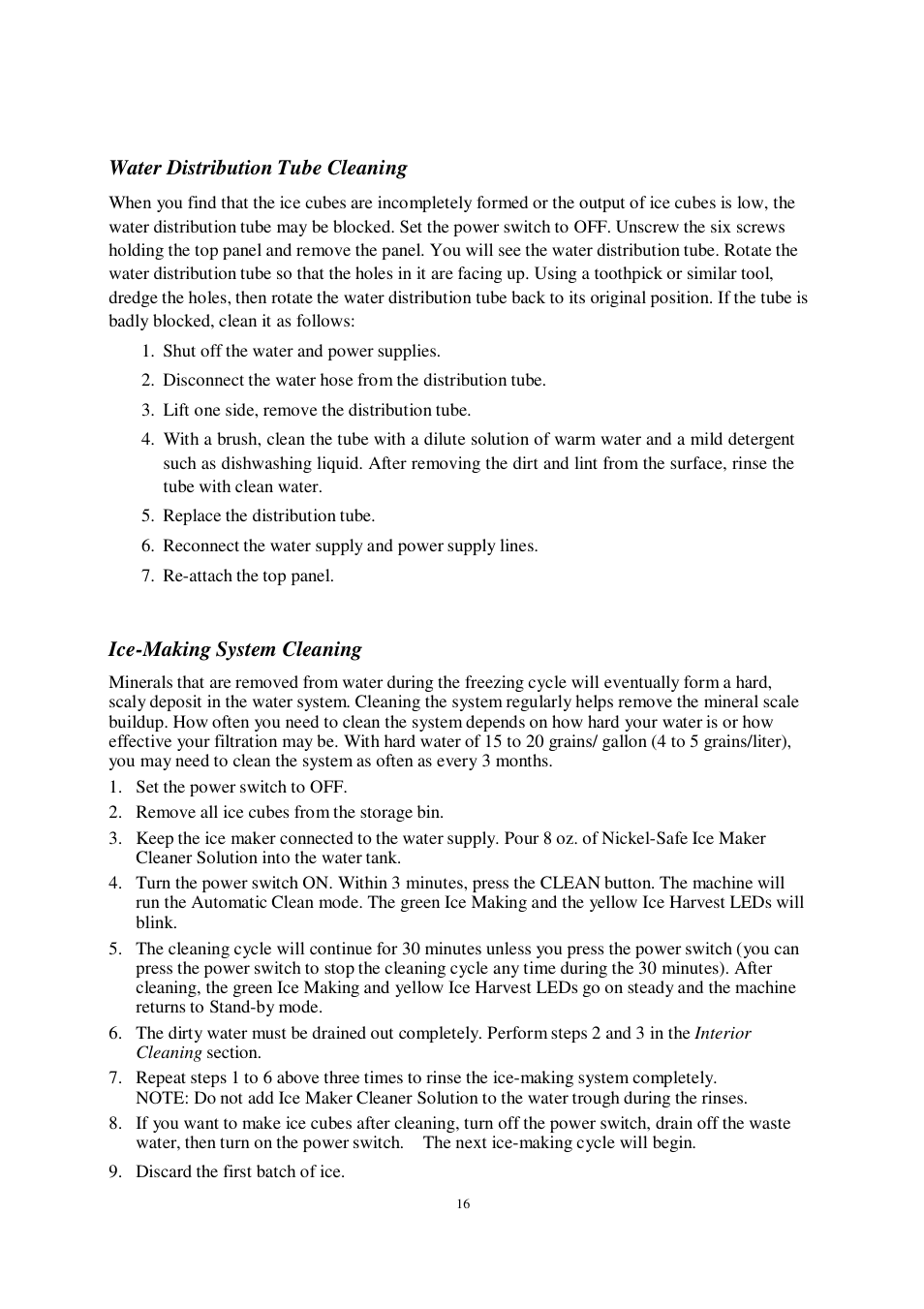 Water distribution tube cleaning, Ice-making system cleaning | Orien FS-260IM User Manual | Page 17 / 72