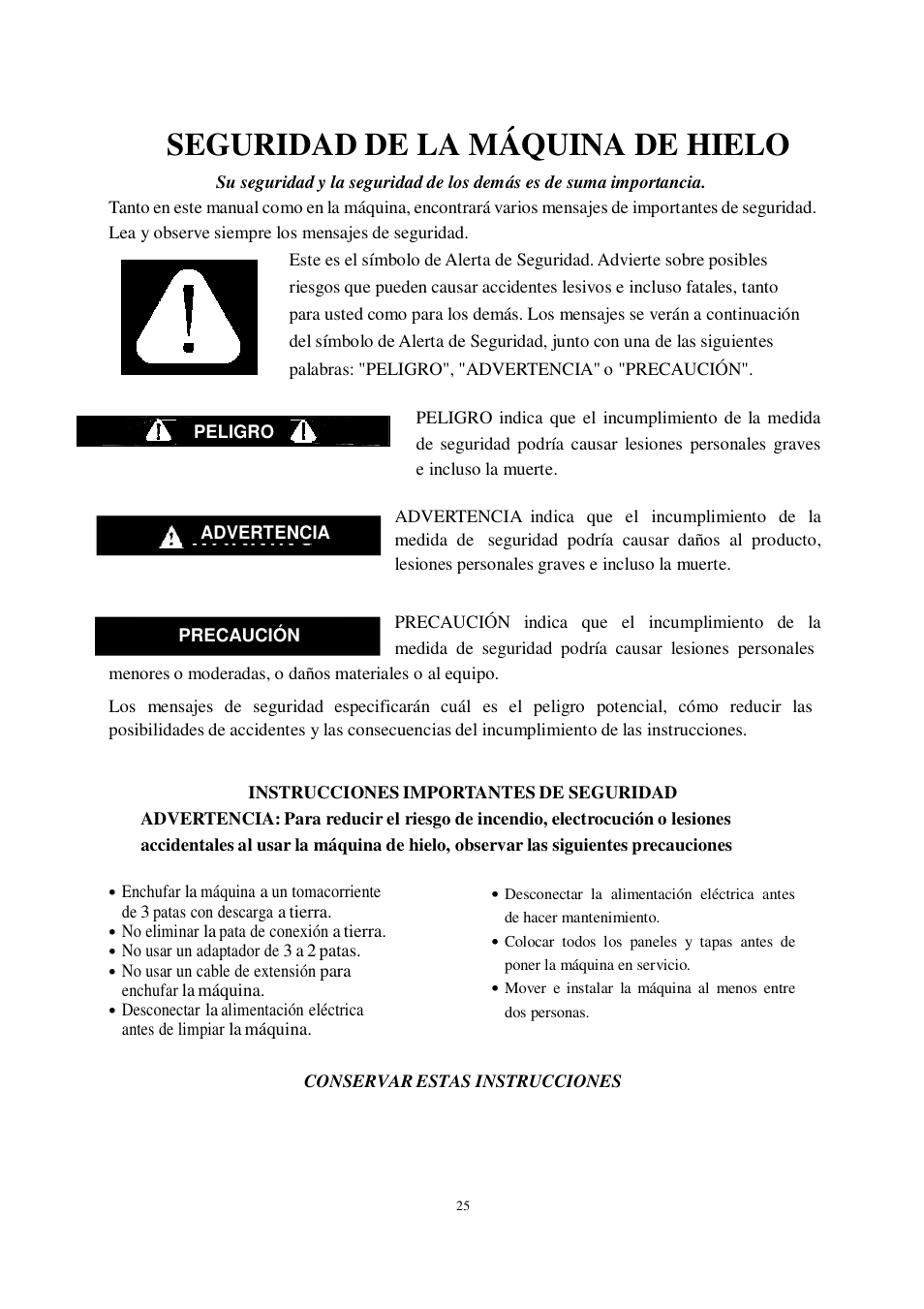 Seguridad de la máquina de hielo | Orien FS-260IM User Manual | Page 26 / 72