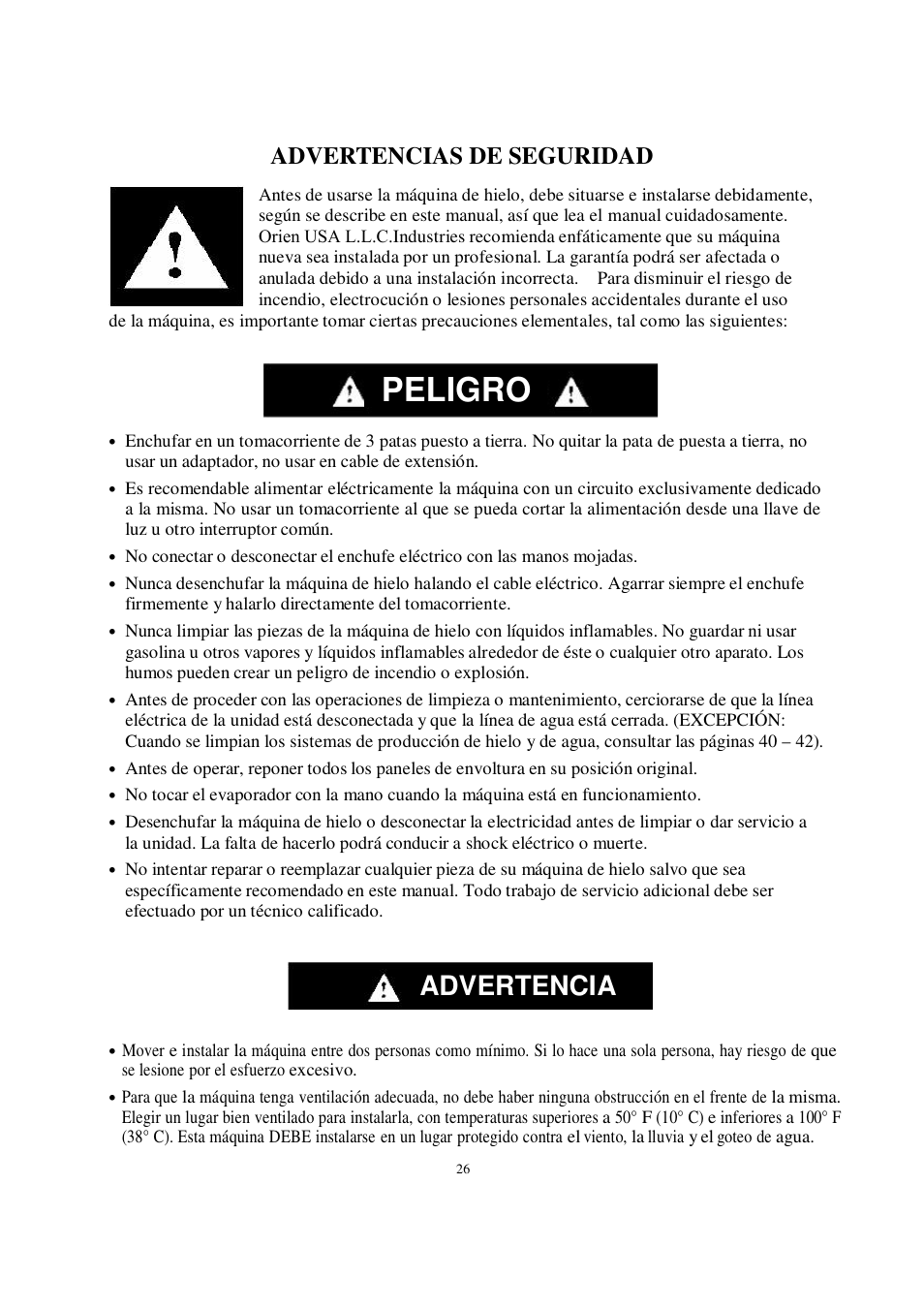 Peligro, Advertencia, Advertencias de seguridad | Orien FS-260IM User Manual | Page 27 / 72