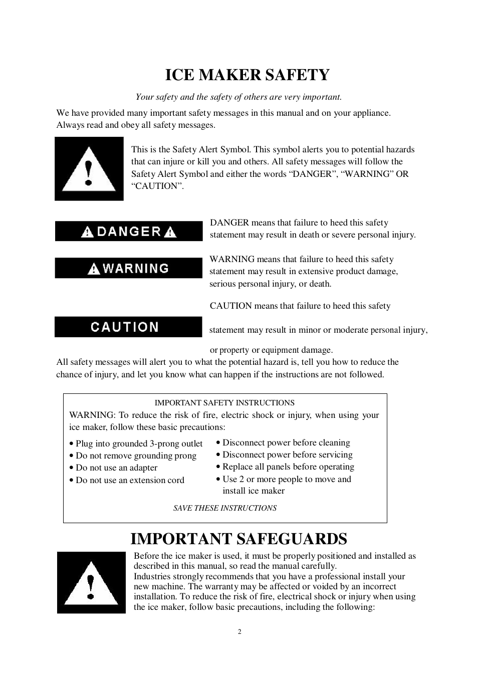 Ice maker safety, Important safeguards | Orien FS-260IM User Manual | Page 3 / 72