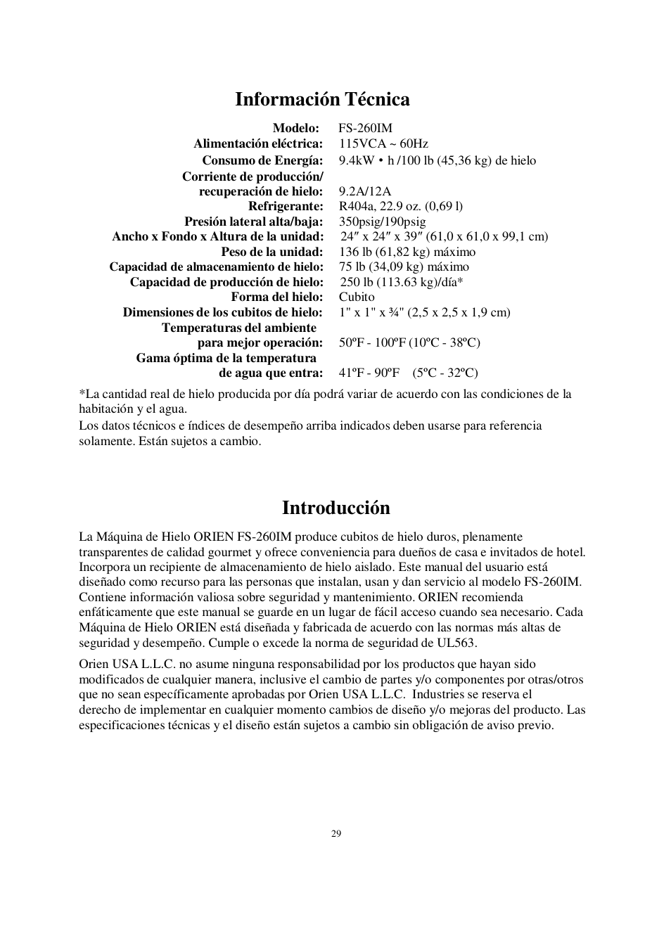 Información técnica, Introducción | Orien FS-260IM User Manual | Page 30 / 72