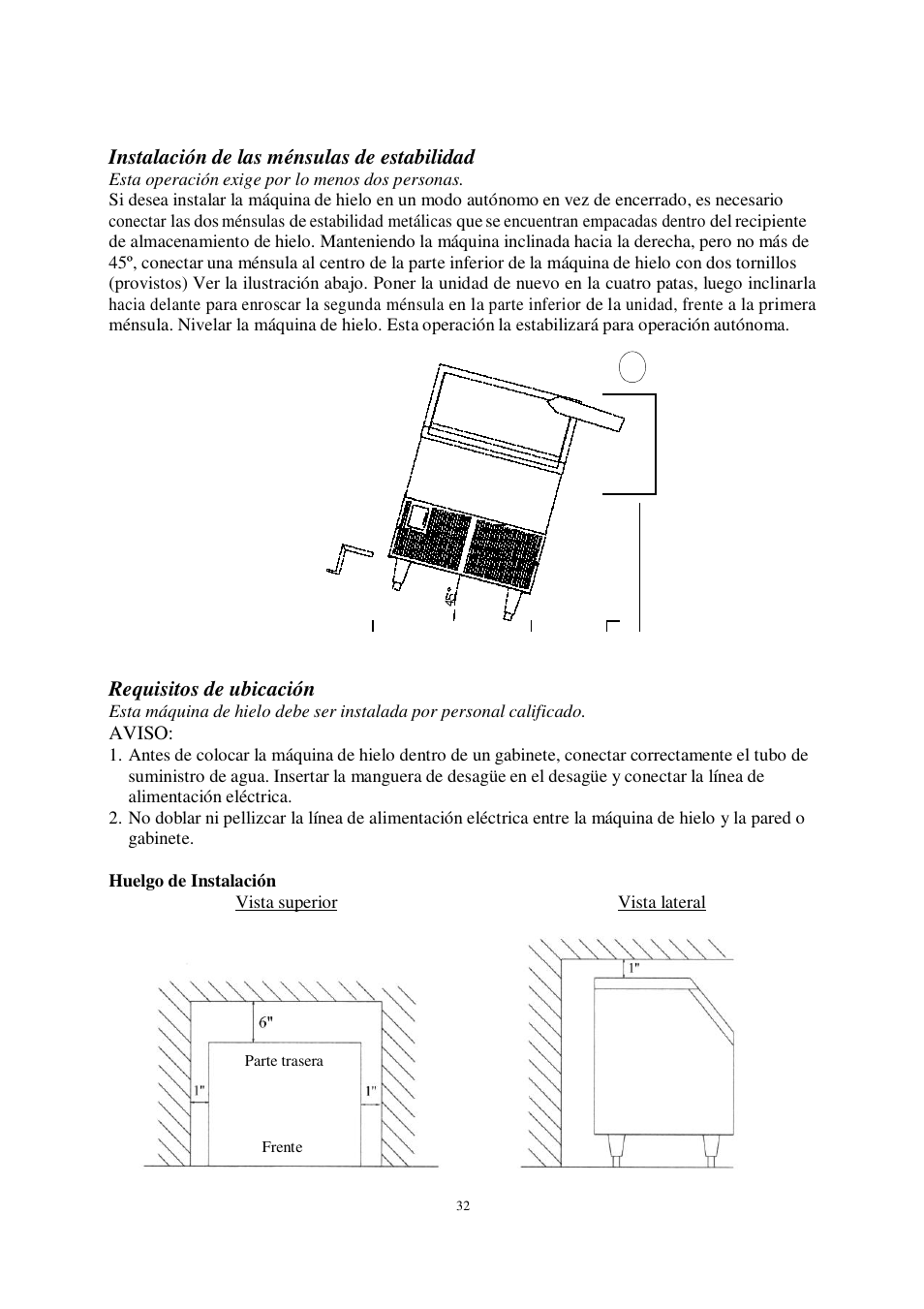 Instalación de las ménsulas de estabilidad, Requisitos de ubicación, Aviso | Orien FS-260IM User Manual | Page 33 / 72
