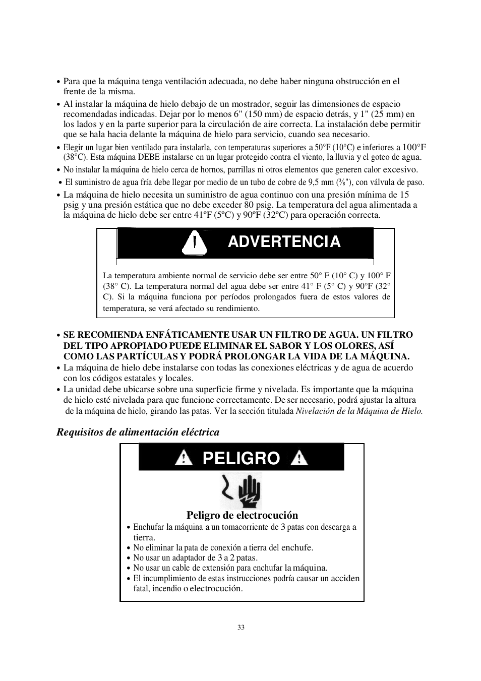 Peligro, Advertenci a, Advertencia | Requisitos de alimentación eléctrica, Peligro de electrocución | Orien FS-260IM User Manual | Page 34 / 72