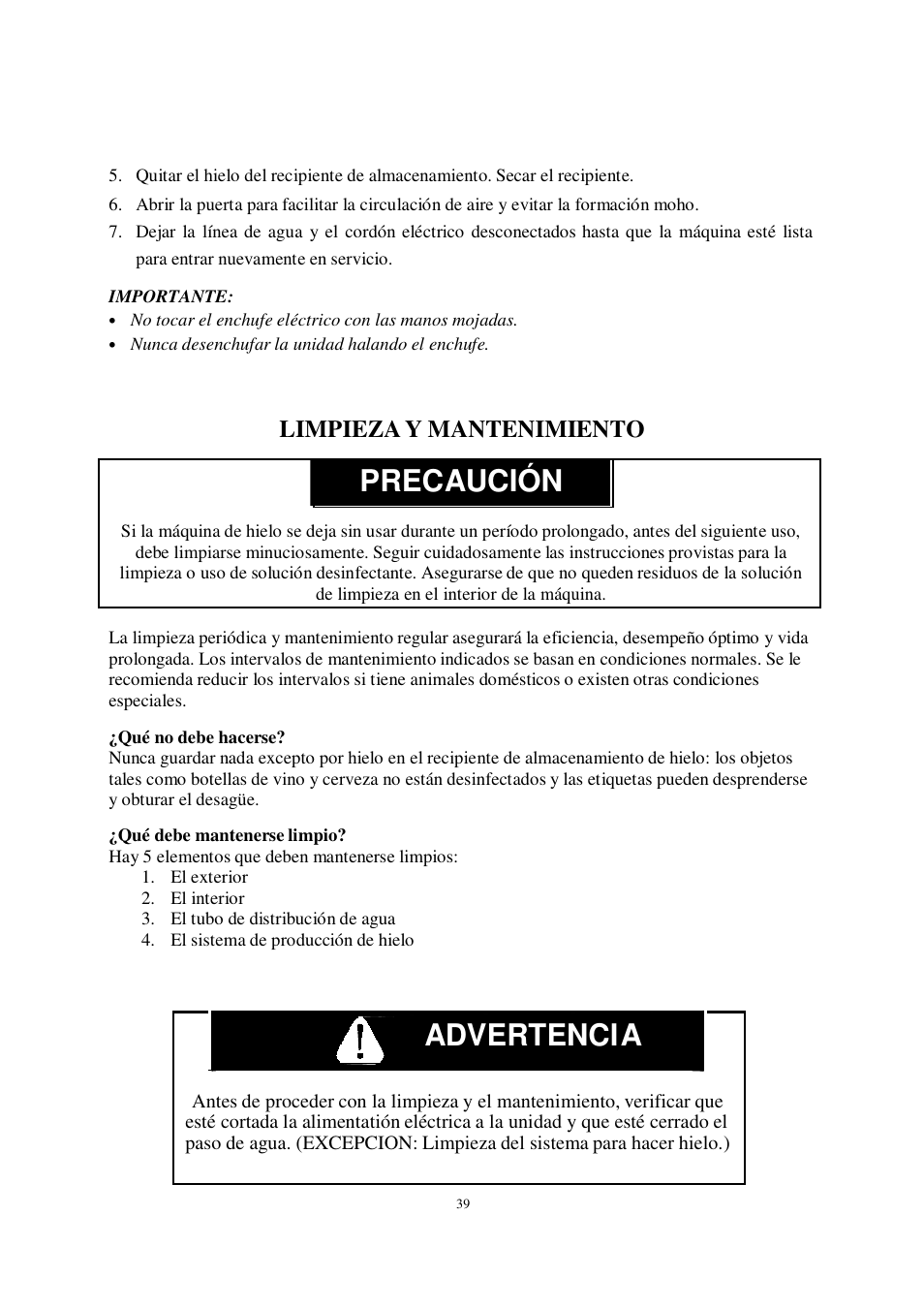 Precaución, Advertenci a, Advertencia | Limpieza y mantenimiento | Orien FS-260IM User Manual | Page 40 / 72