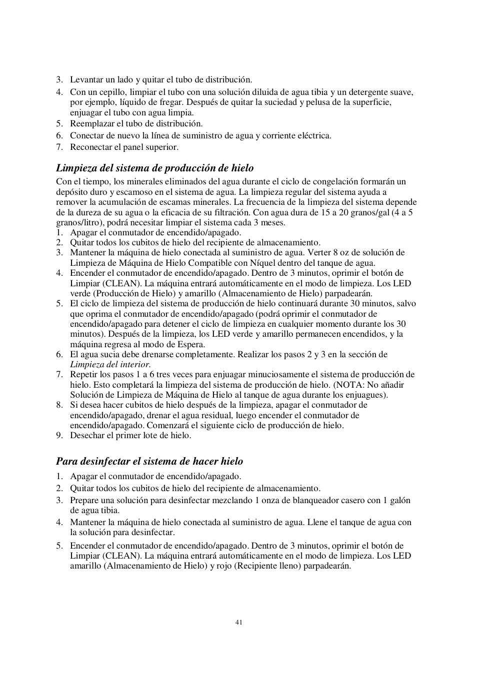 Limpieza del sistema de producción de hielo, Para desinfectar el sistema de hacer hielo | Orien FS-260IM User Manual | Page 42 / 72