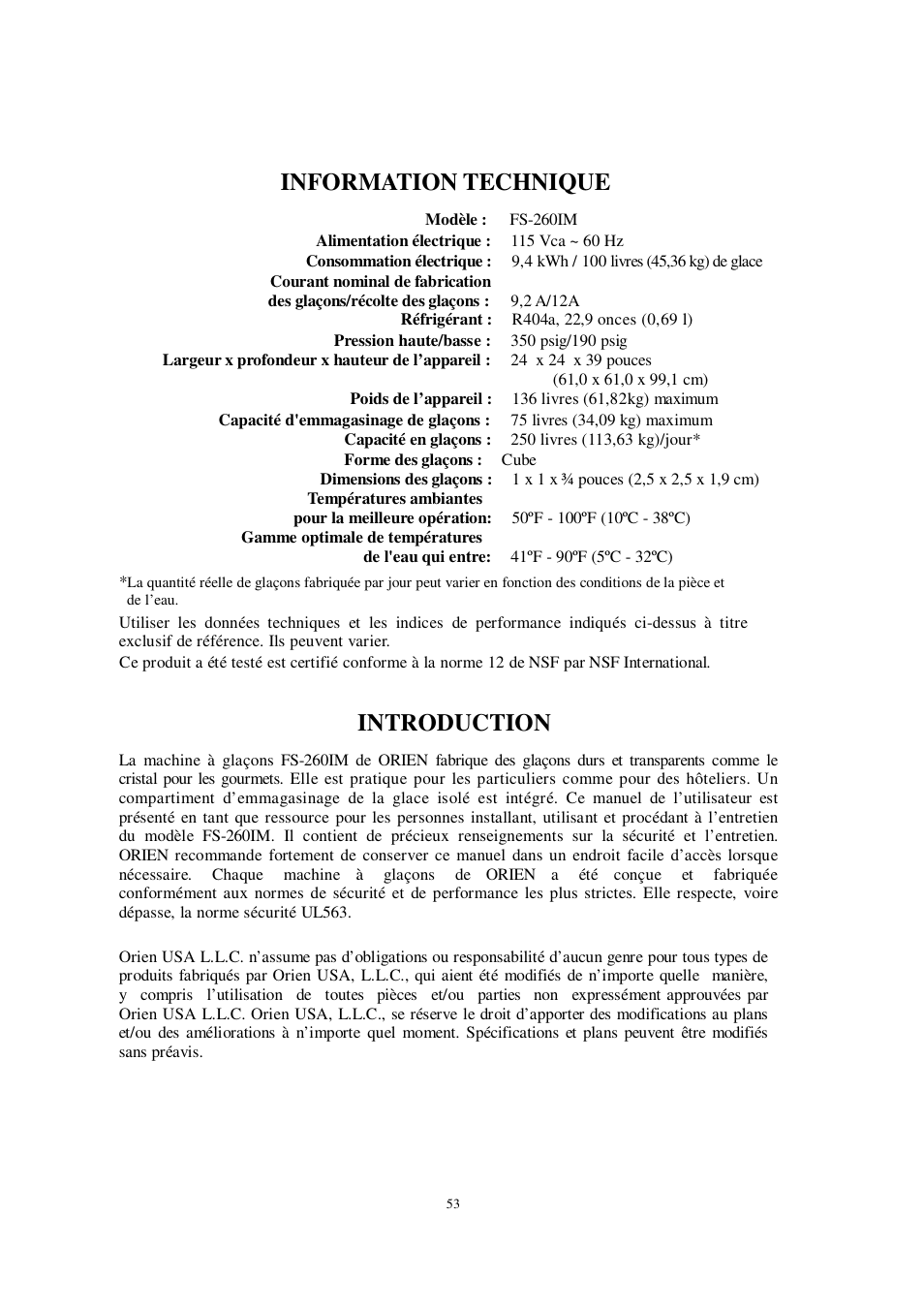 Information technique, Introduction | Orien FS-260IM User Manual | Page 54 / 72