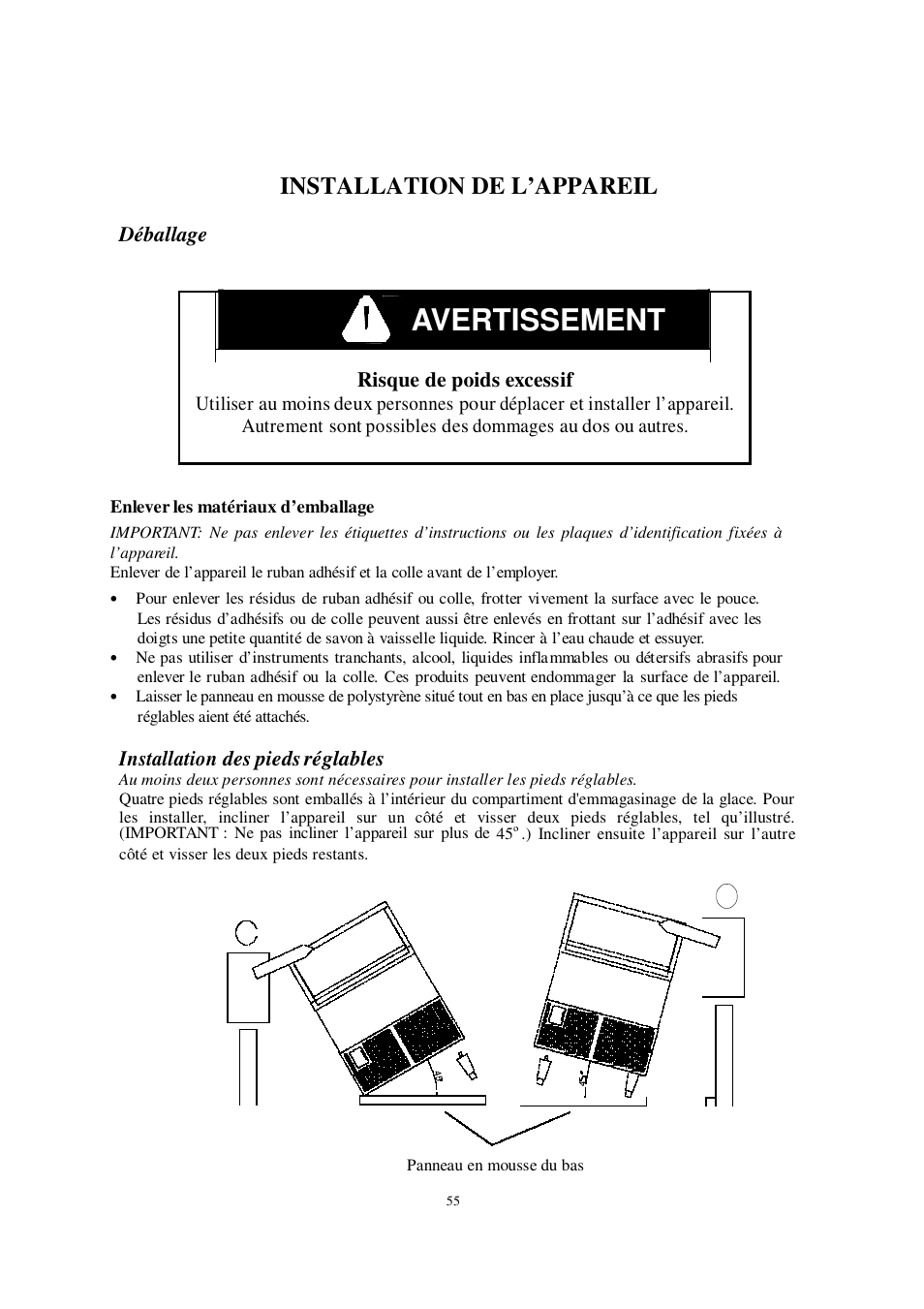 Avertissement, Advertencia, Installation de l’appareil | Déballage, Risque de poids excessif, Installation des pieds réglables | Orien FS-260IM User Manual | Page 56 / 72