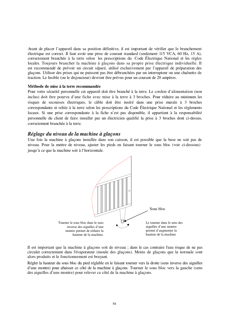 Réglage du niveau de la machine à glaçons | Orien FS-260IM User Manual | Page 59 / 72