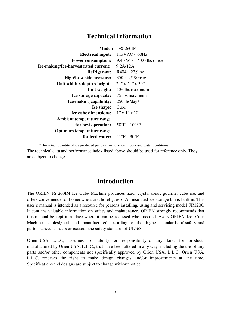 Technical information, Introduction | Orien FS-260IM User Manual | Page 6 / 72