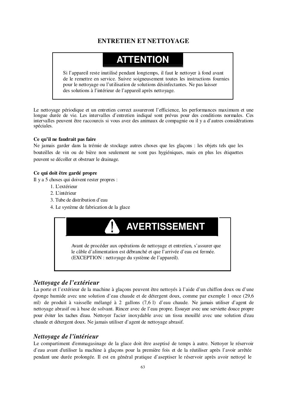 Attention, Avertissement, Advertencia | Entretien et nettoyage, Nettoyage de l’extérieur, Nettoyage de l’intérieur | Orien FS-260IM User Manual | Page 64 / 72