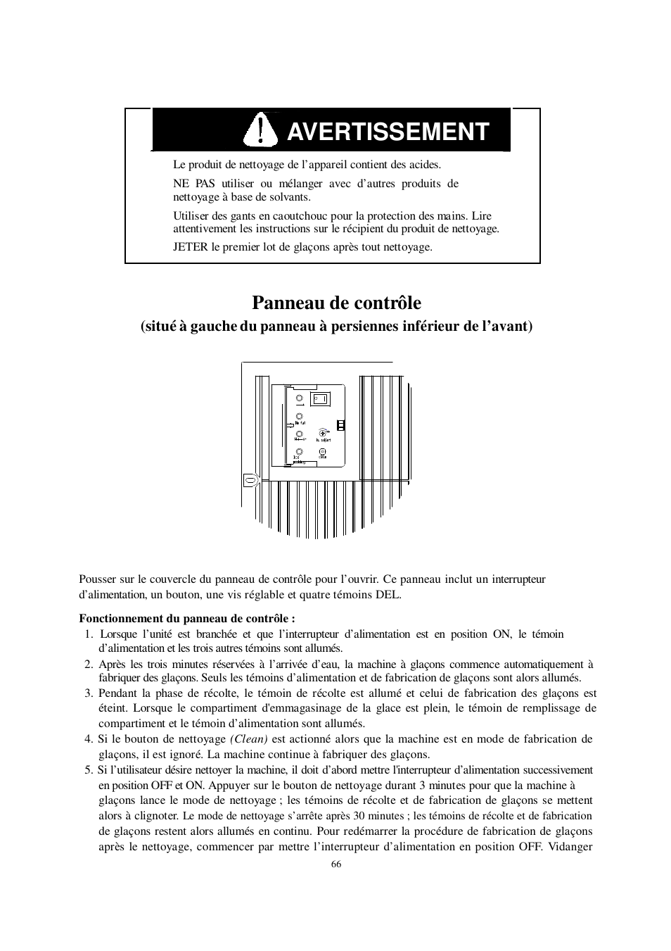Avertissement, Advertencia, Panneau de contrôle | Orien FS-260IM User Manual | Page 67 / 72