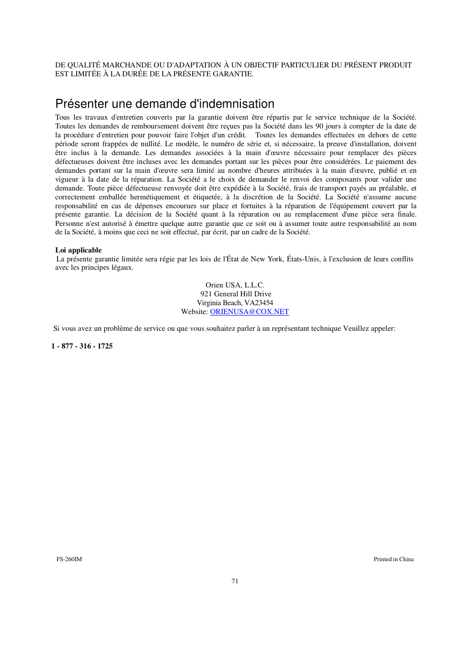 Présenter une demande d'indemnisation | Orien FS-260IM User Manual | Page 72 / 72