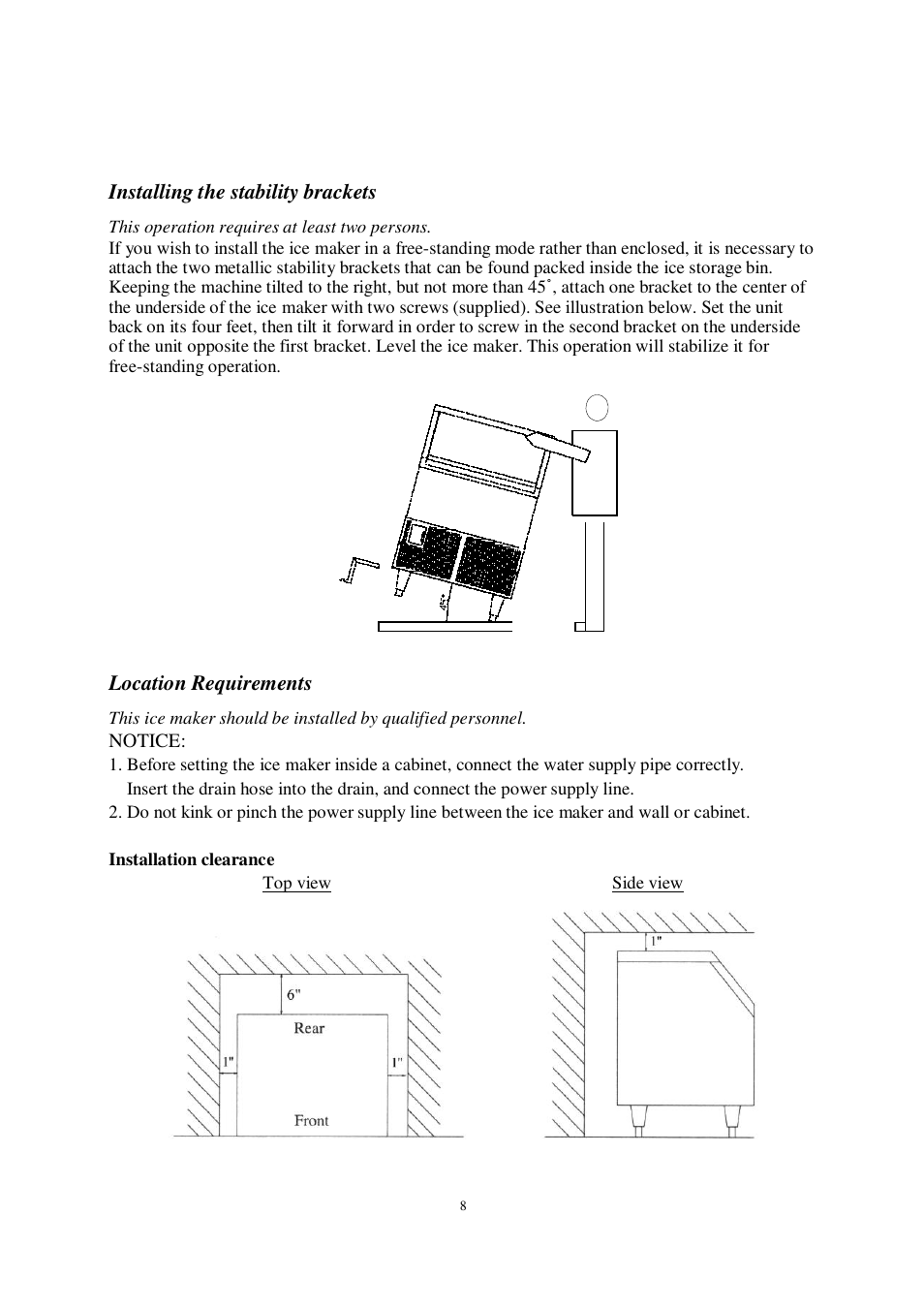 Installing the stability brackets, Location requirements, Notice | Orien FS-260IM User Manual | Page 9 / 72