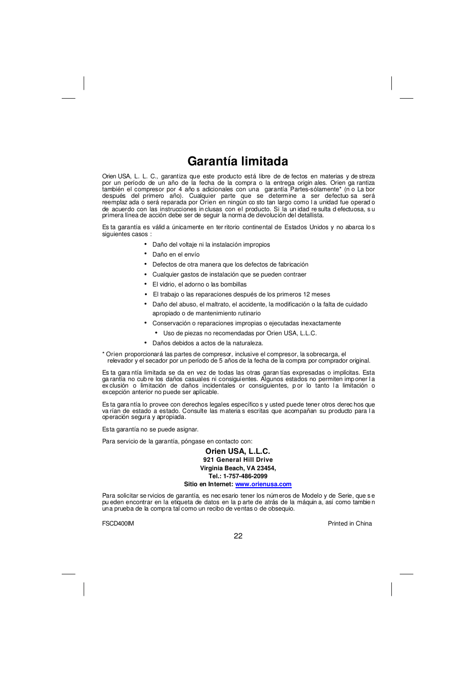 Garantía limitada | Orien FSCD-400IM User Manual | Page 24 / 24