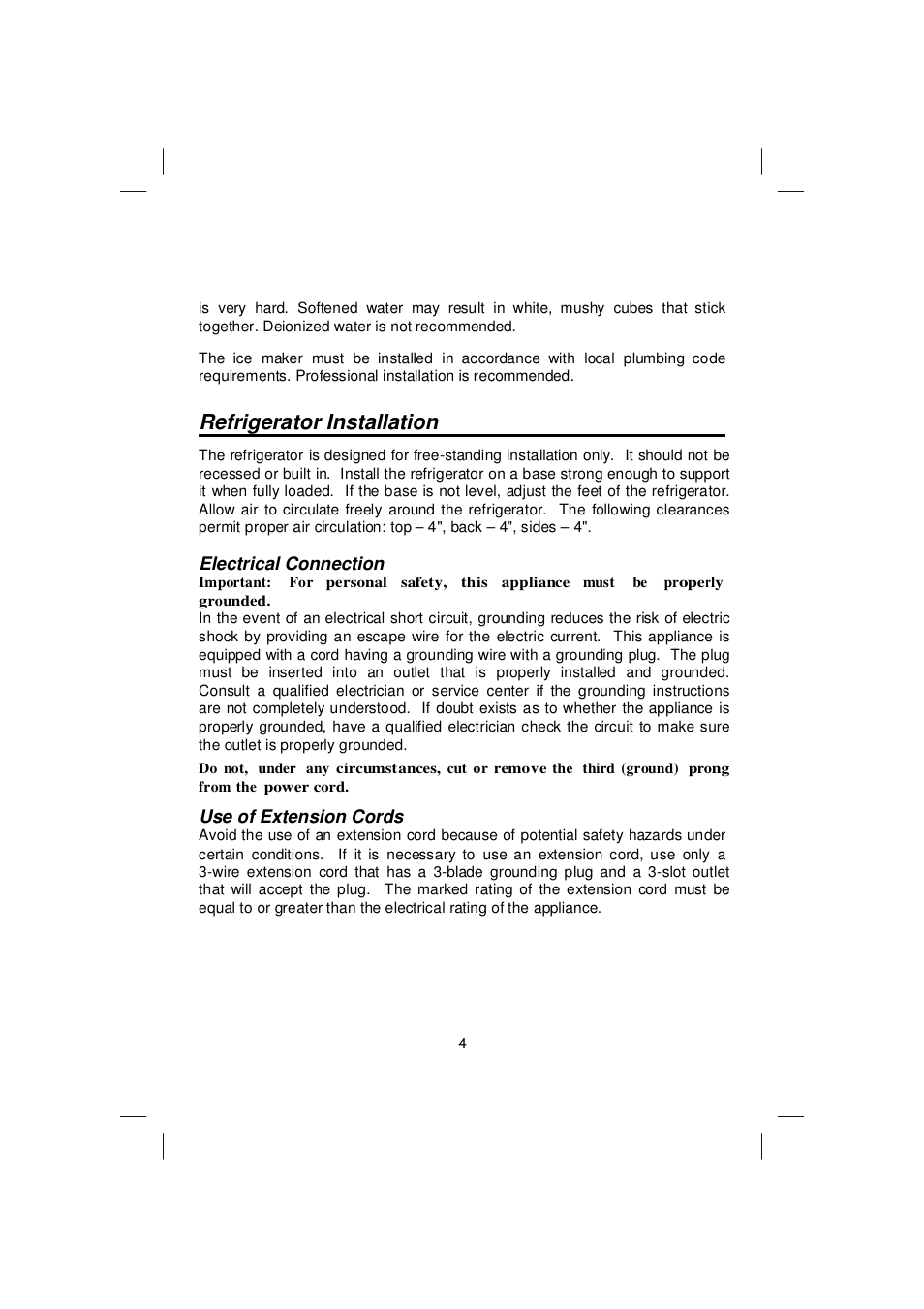 Refrigerator installation, Electrical connection, Use of extension cords | Orien FSCD-400IM User Manual | Page 6 / 24