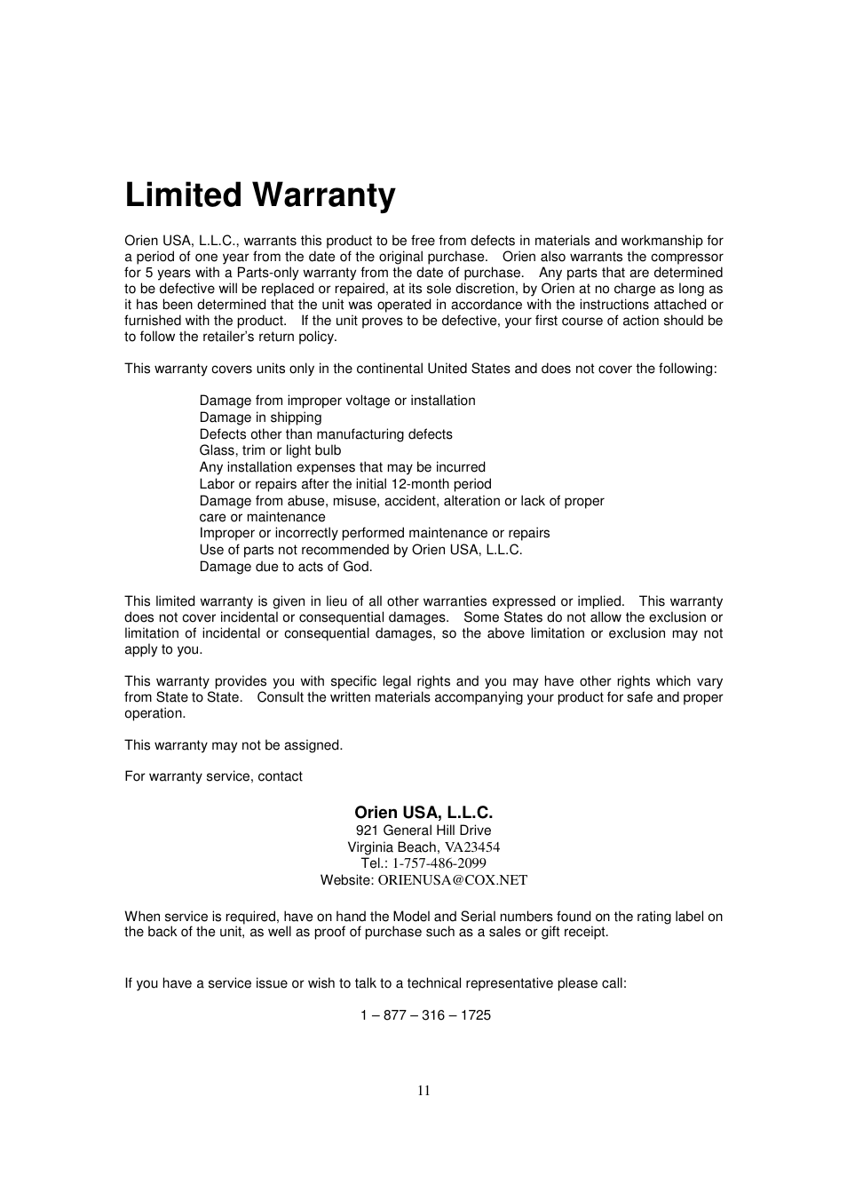 Limited warranty | Orien FSR-24OD User Manual | Page 12 / 25