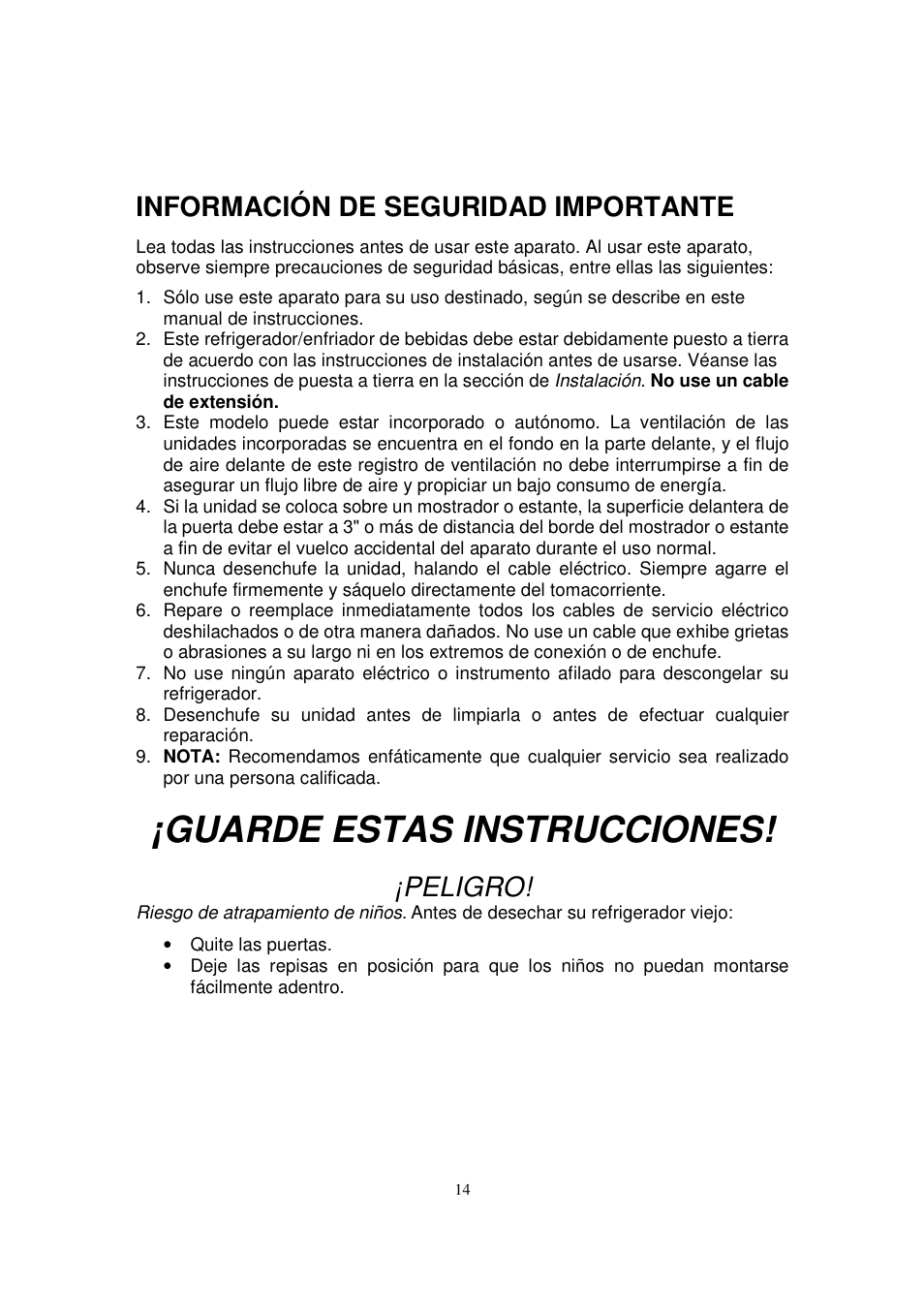 Guarde estas instrucciones, Información de seguridad importante, Peligro | Orien FSR-24OD User Manual | Page 15 / 25