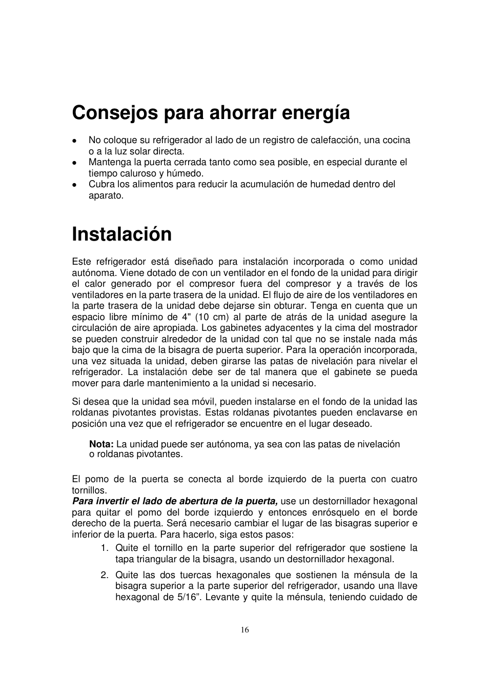 Consejos para ahorrar energía, Instalación | Orien FSR-24OD User Manual | Page 17 / 25