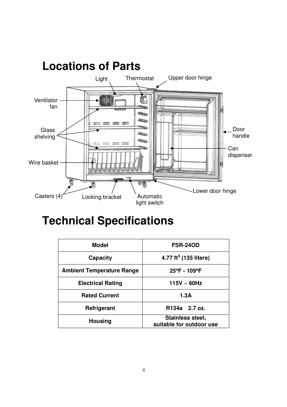 Locations of parts, Technical specifications | Orien FSR-24OD User Manual | Page 5 / 25