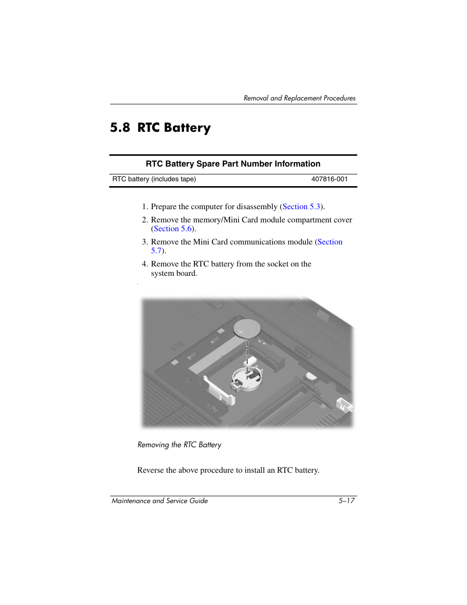 8 rtc battery, 8 rtc battery –17, Section | 8, “rtc battery, For more information.), Rtc battery | Compaq V5100 User Manual | Page 107 / 242