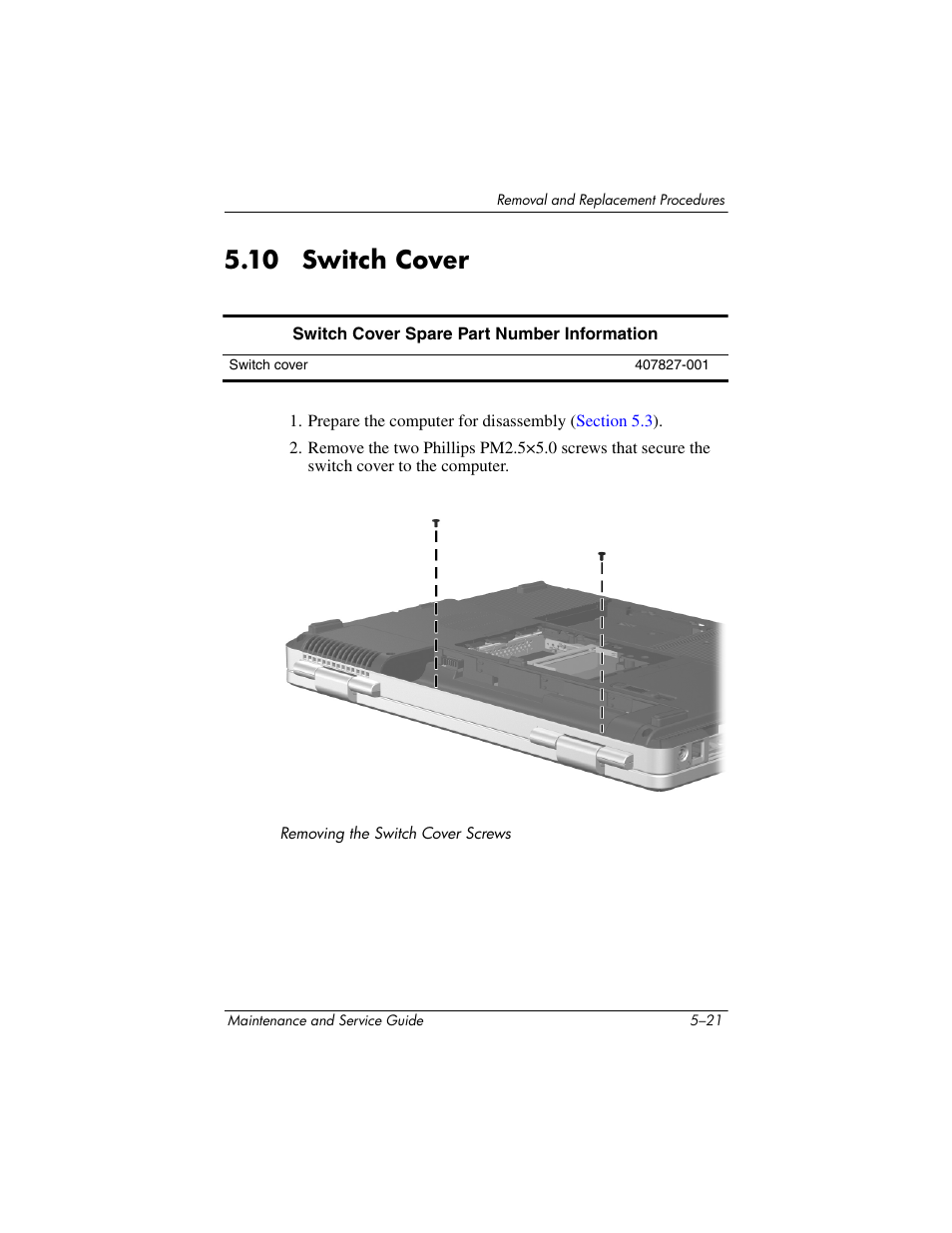 10 switch cover, 10 switch cover –21, Switch cover | Compaq V5100 User Manual | Page 111 / 242