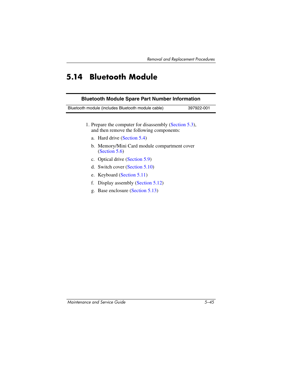 14 bluetooth module, 14 bluetooth module –45, Bluetooth module | Compaq V5100 User Manual | Page 135 / 242