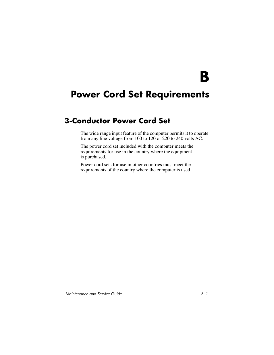 Power cord set requirements, Conductor power cord set, B power cord set requirements | Compaq V5100 User Manual | Page 187 / 242