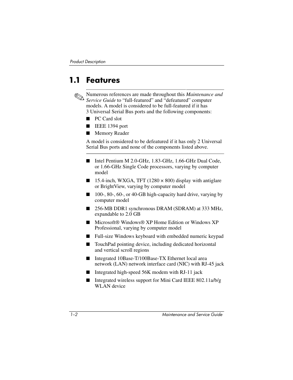 1 features, 1 features –2 | Compaq V5100 User Manual | Page 8 / 242