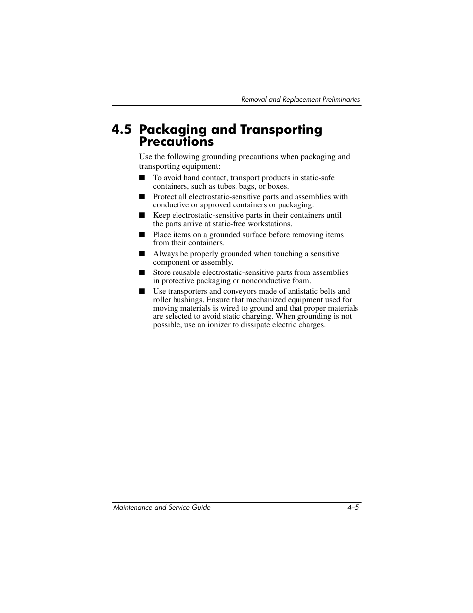 5 packaging and transporting precautions, 5 packaging and transporting precautions –5 | Compaq V5100 User Manual | Page 87 / 242