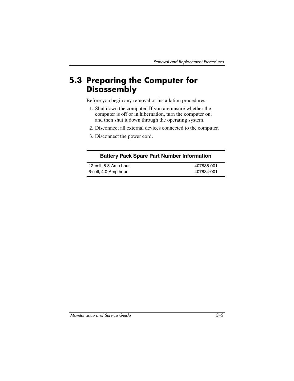 3 preparing the computer for disassembly, 3 preparing the computer for disassembly –5, Section 5.3 | Preparing the computer for disassembly | Compaq V5100 User Manual | Page 95 / 242