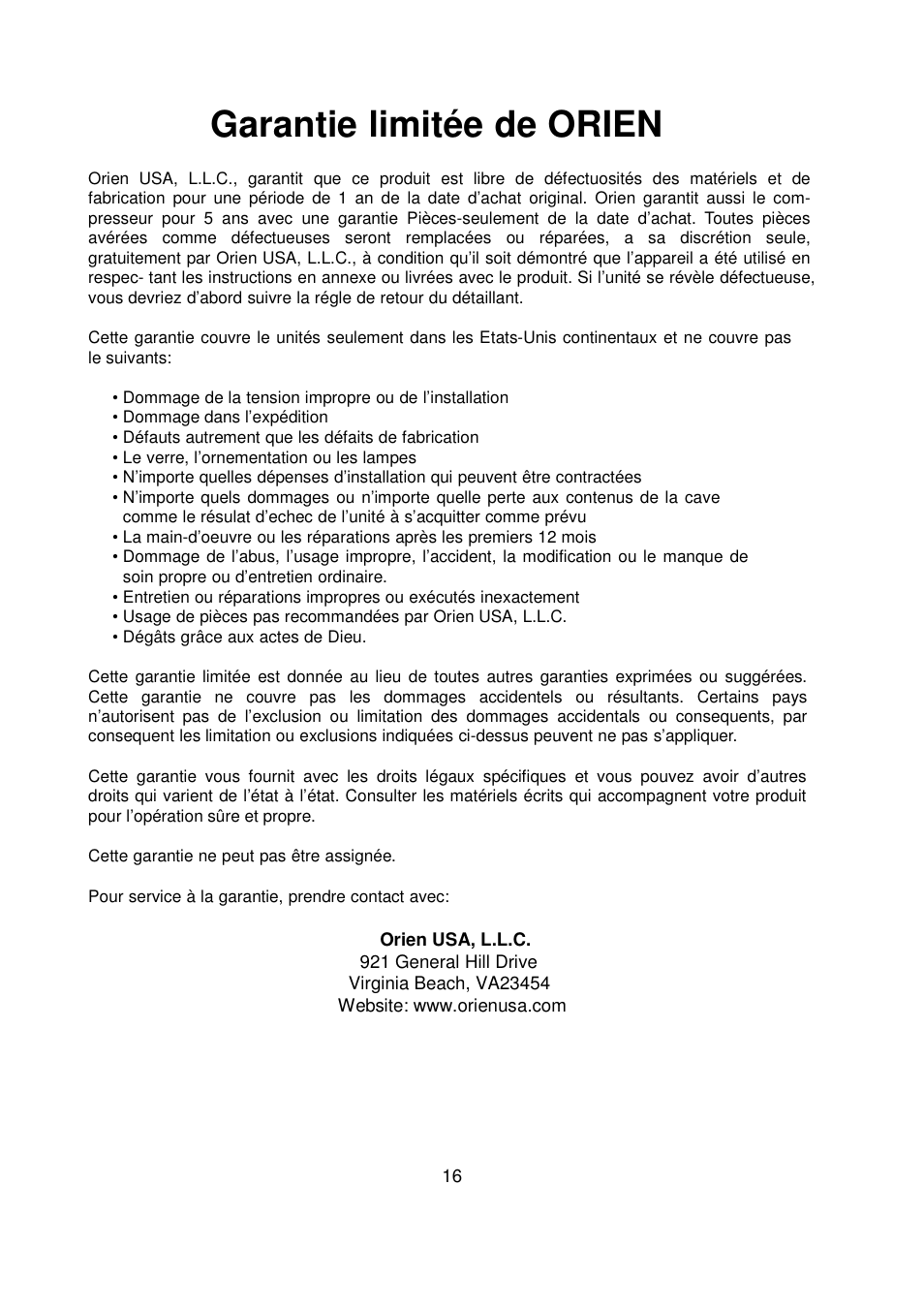 Garantie limitée de orien | Orien FSW-36 User Manual | Page 19 / 31
