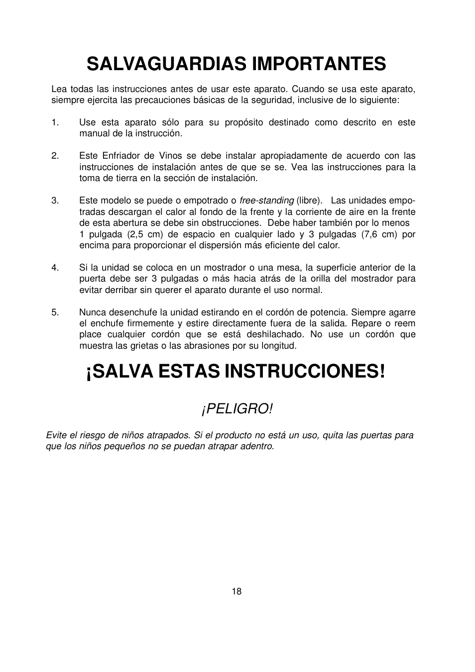 Salvaguardias importantes, Salva estas instrucciones, Peligro | Orien FSW-36 User Manual | Page 22 / 31