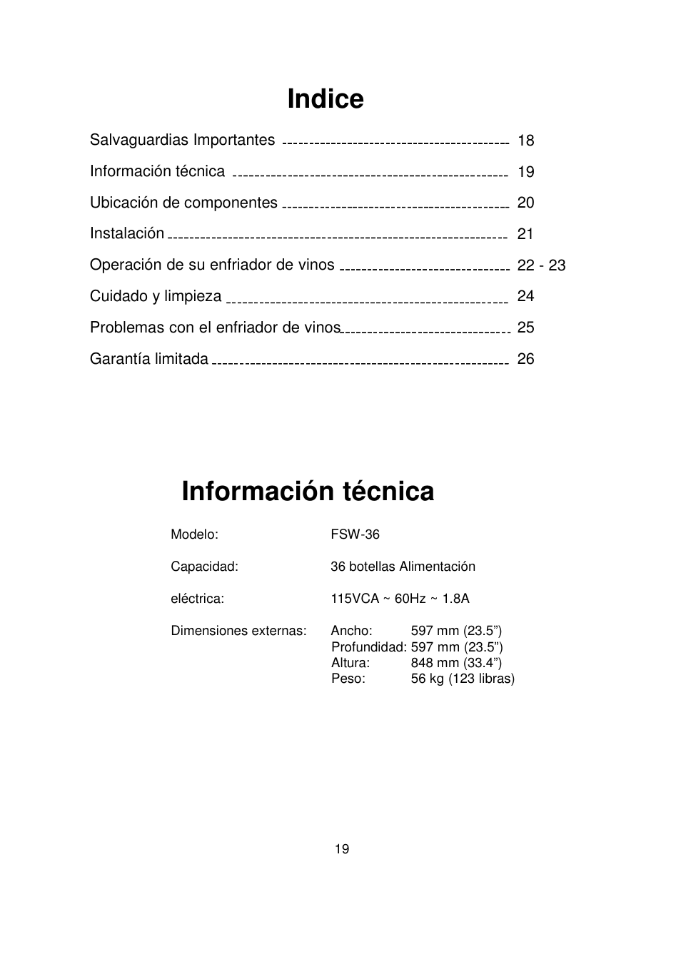 Indice, Información técnica | Orien FSW-36 User Manual | Page 23 / 31