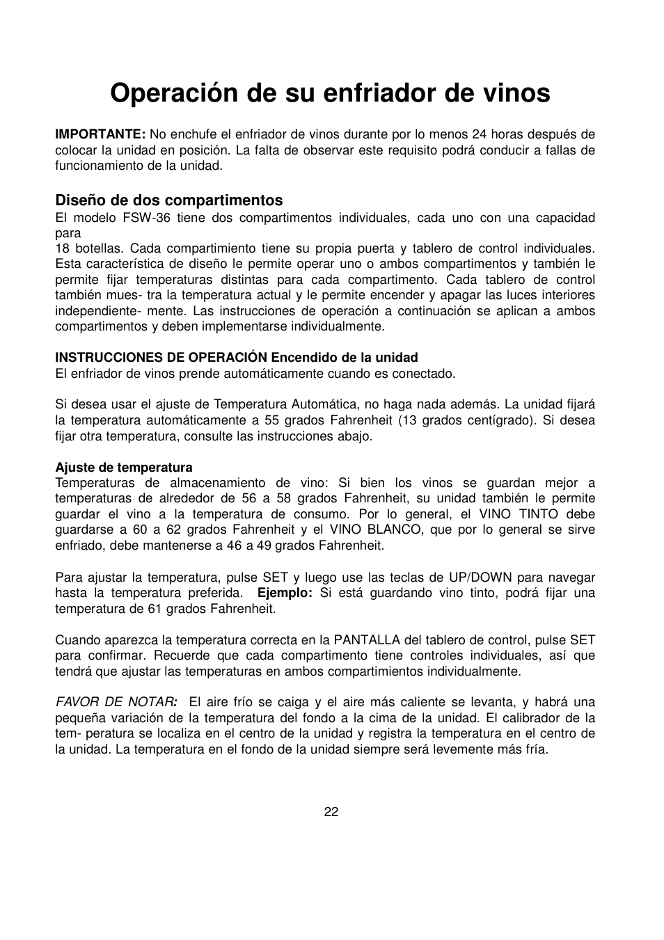 Operación de su enfriador de vinos | Orien FSW-36 User Manual | Page 26 / 31