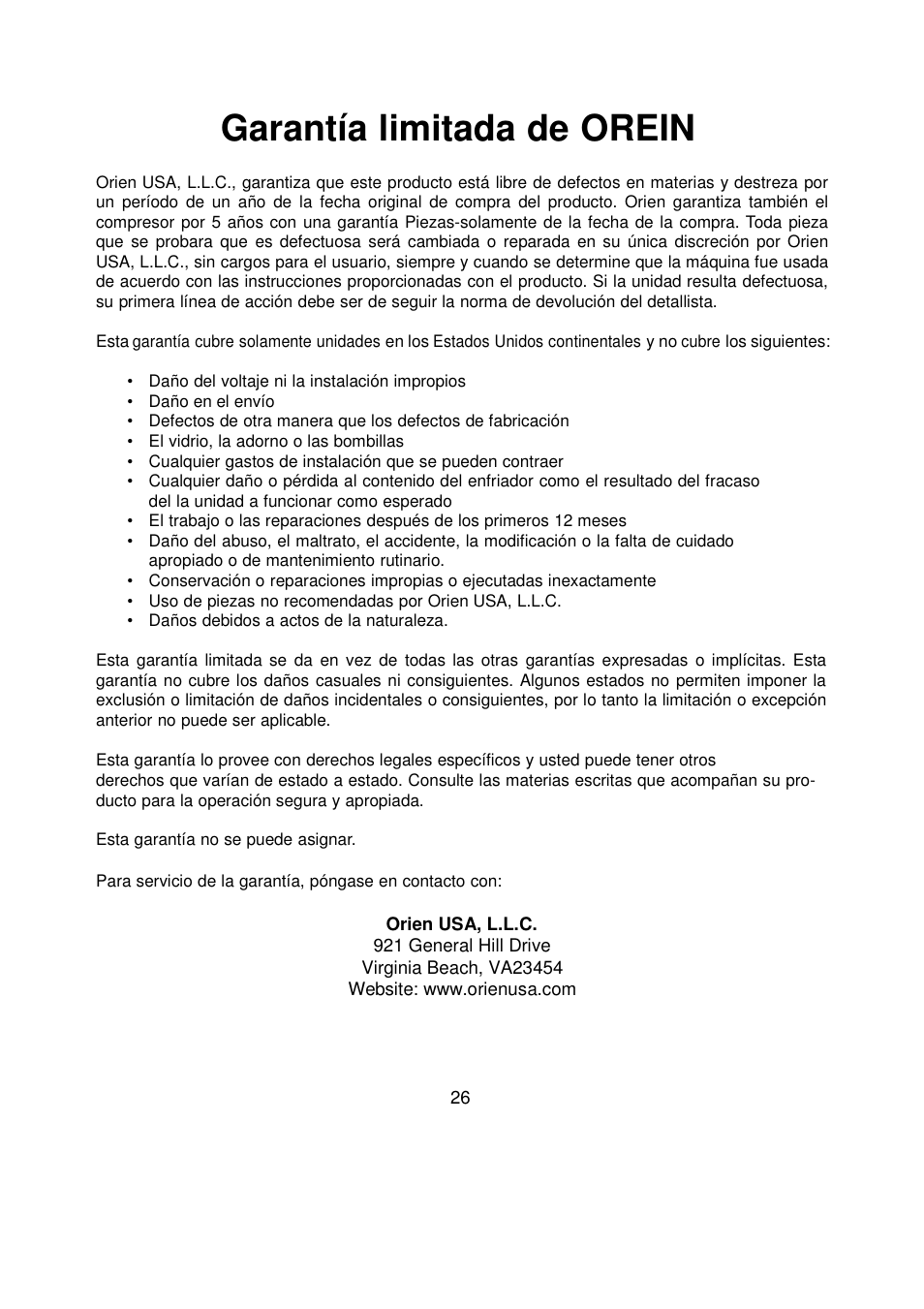 Garantía limitada de orein | Orien FSW-36 User Manual | Page 30 / 31