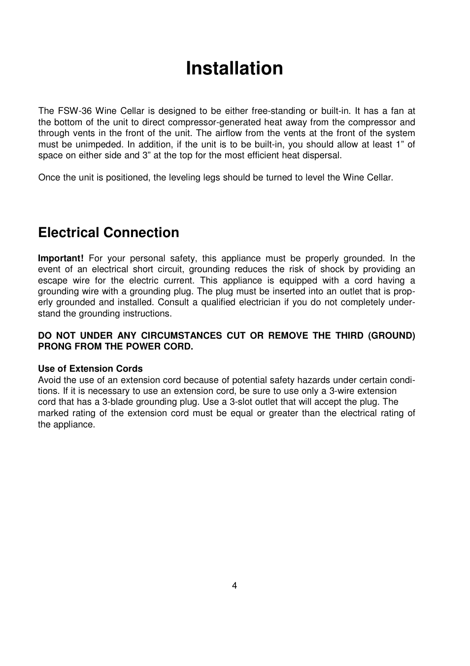 Installation, Electrical connection | Orien FSW-36 User Manual | Page 5 / 31