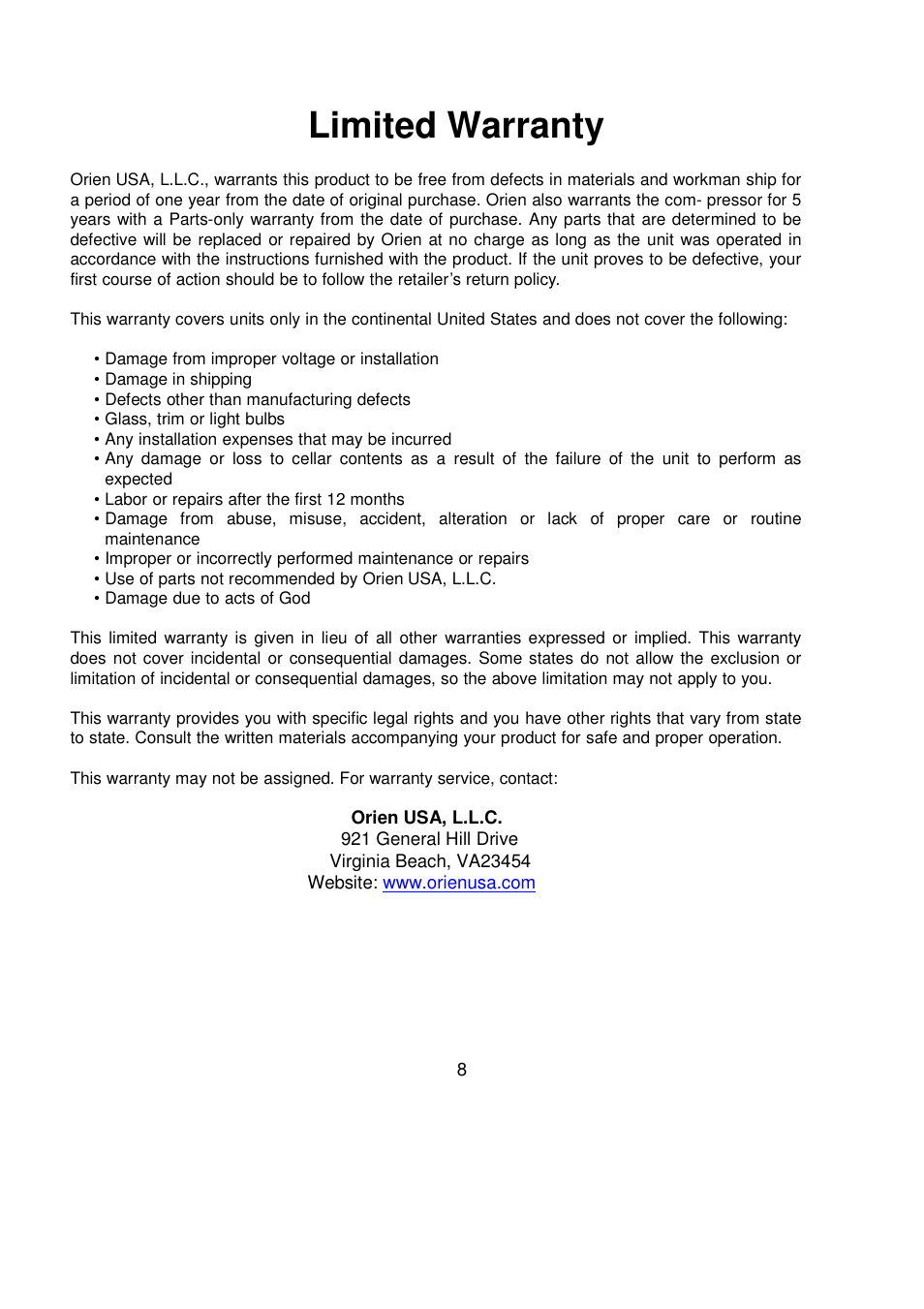 Limited warranty | Orien FSW-36 User Manual | Page 9 / 31