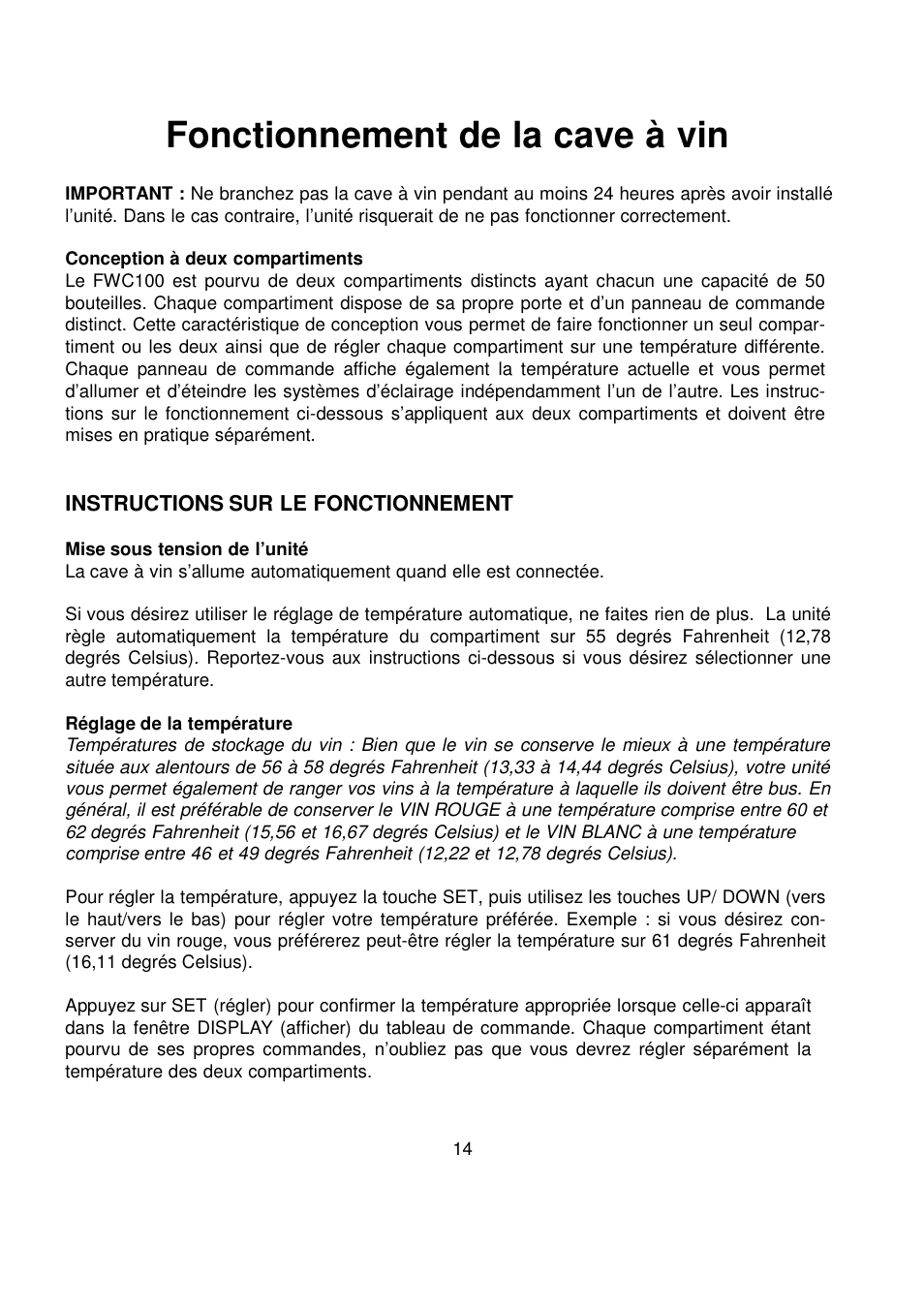 Fonctionnement de la cave à vin, Instructions sur le fonctionnement | Orien FSW-100 User Manual | Page 15 / 30