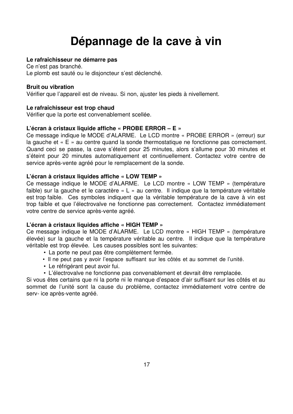 Dépannage de la cave à vin | Orien FSW-100 User Manual | Page 18 / 30