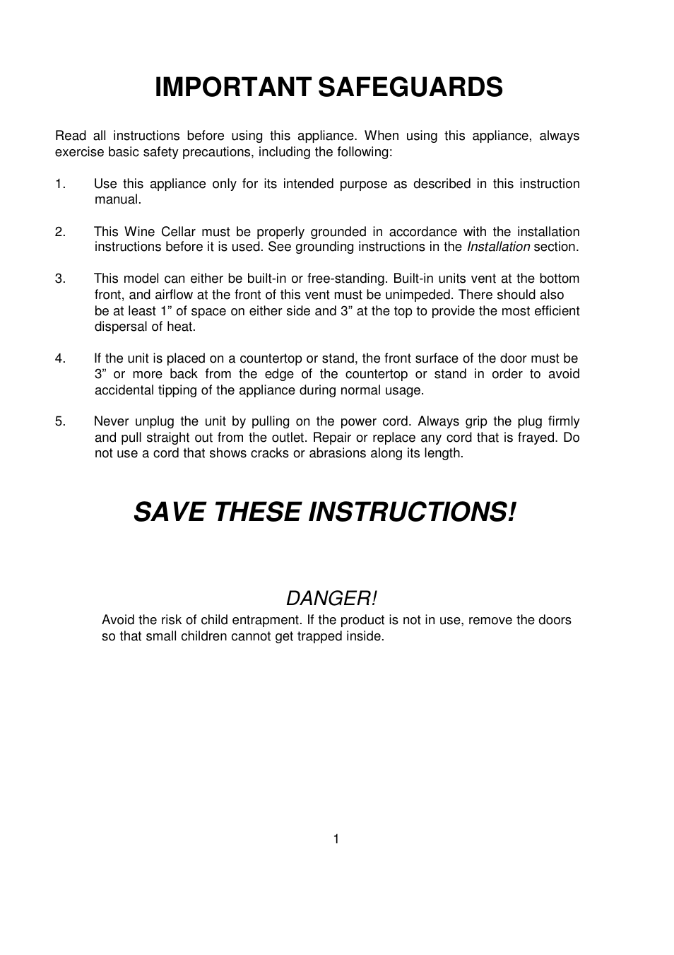 Important safeguards, Save these instructions, Danger | Orien FSW-100 User Manual | Page 2 / 30