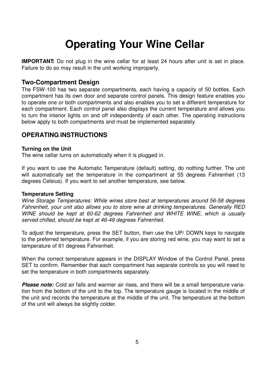 Operating your wine cellar, Two-compartment design, Operating instructions | Orien FSW-100 User Manual | Page 6 / 30