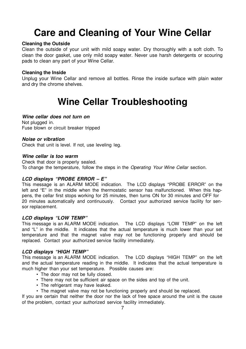 Care and cleaning of your wine cellar, Wine cellar troubleshooting | Orien FSW-100 User Manual | Page 8 / 30